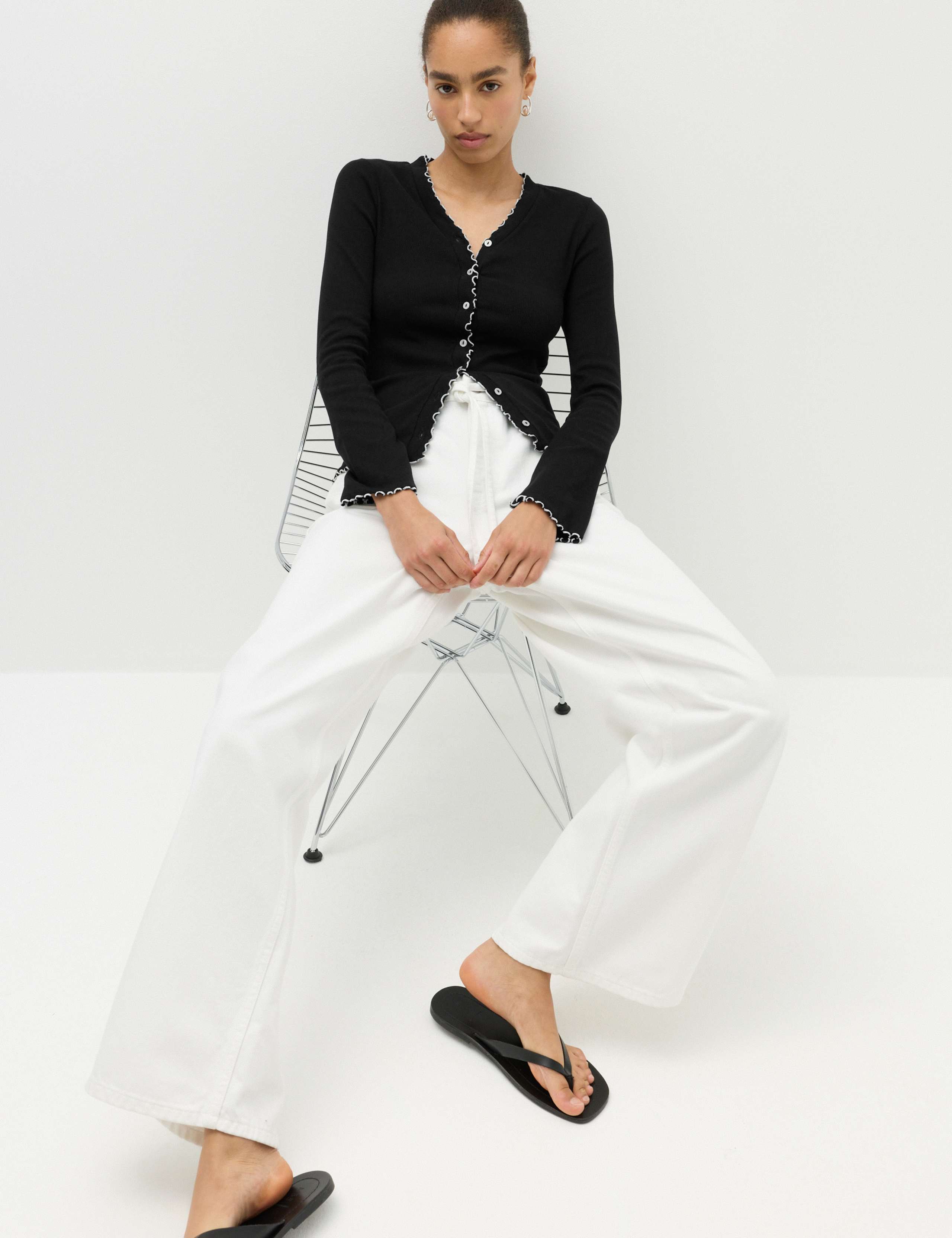Cotton Rich V-Neck Buttoned Top