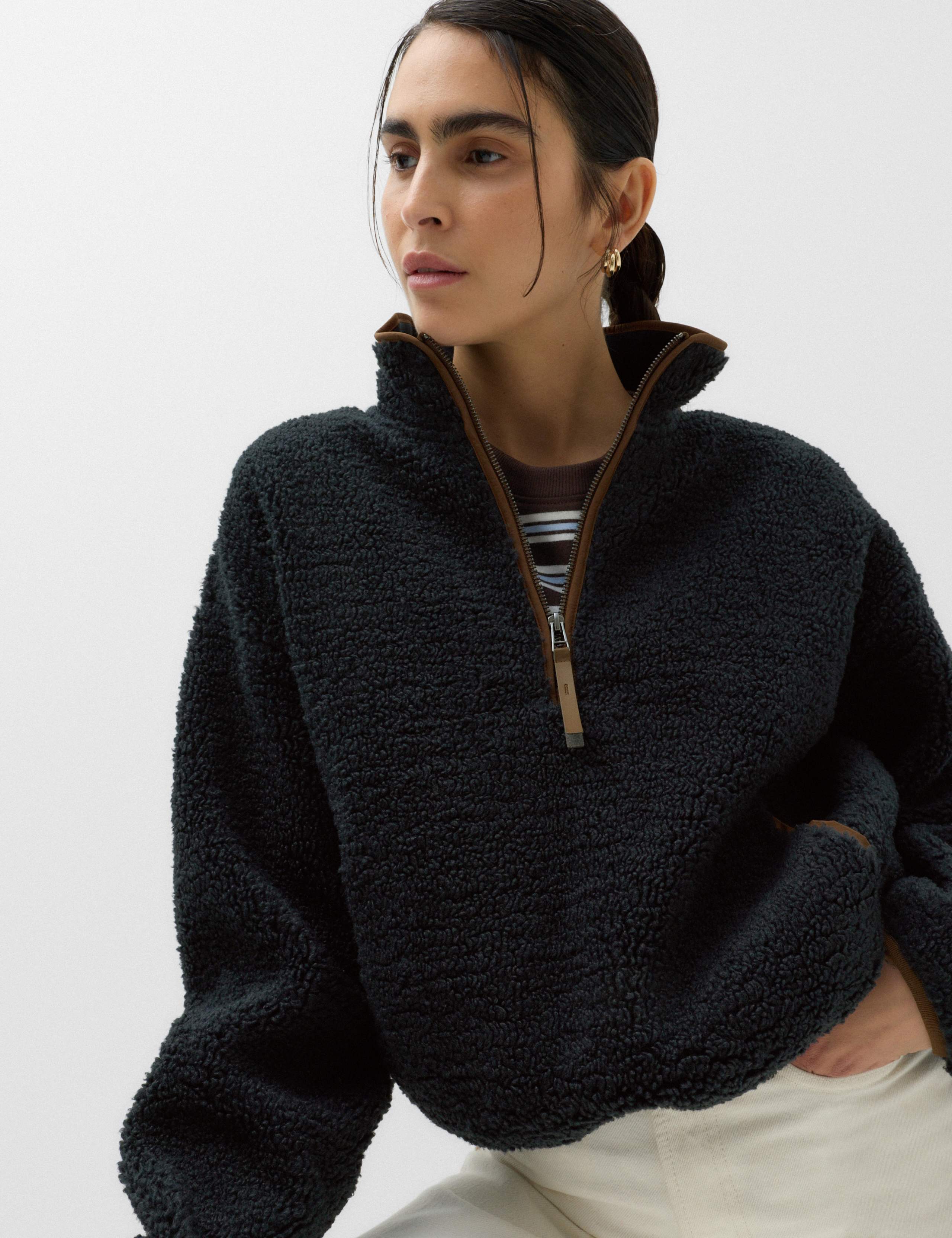 Borg Contrast Seam Half Zip Sweatshirt
