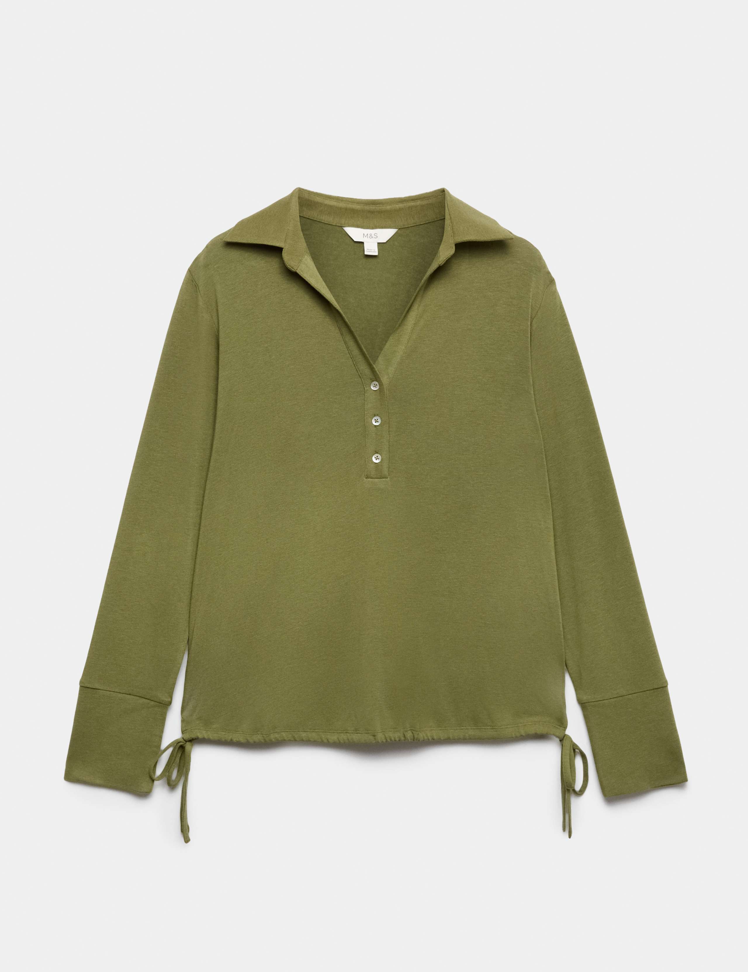 Long Sleeve Side Tie Polo Top with Cotton
