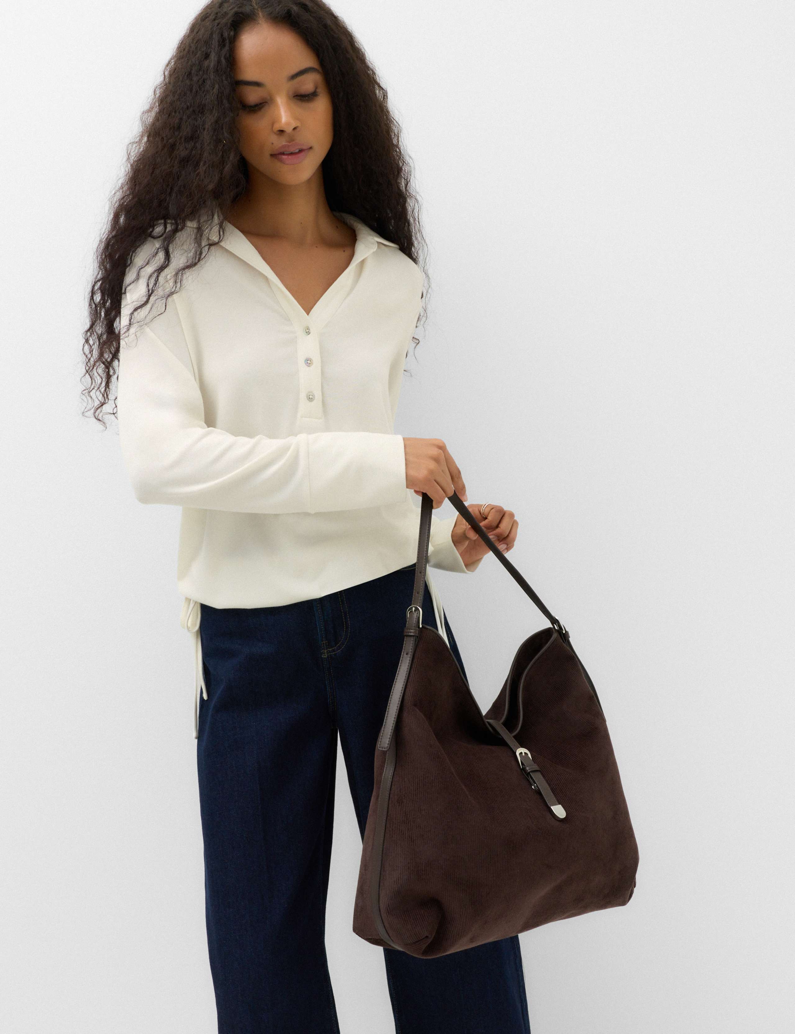 Long Sleeve Side Tie Polo Top with Cotton