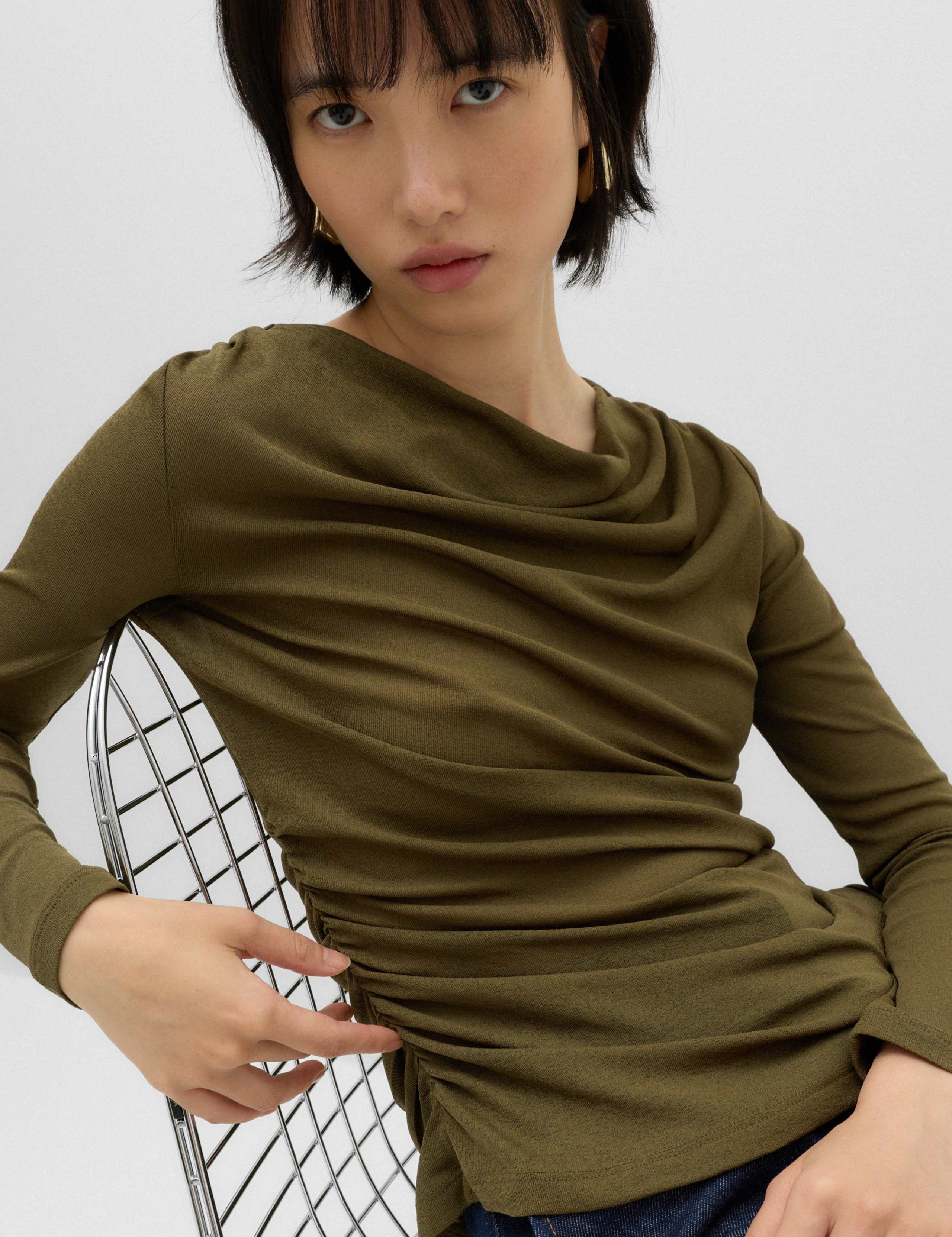 Cowl Neck Draped Long Sleeve Top