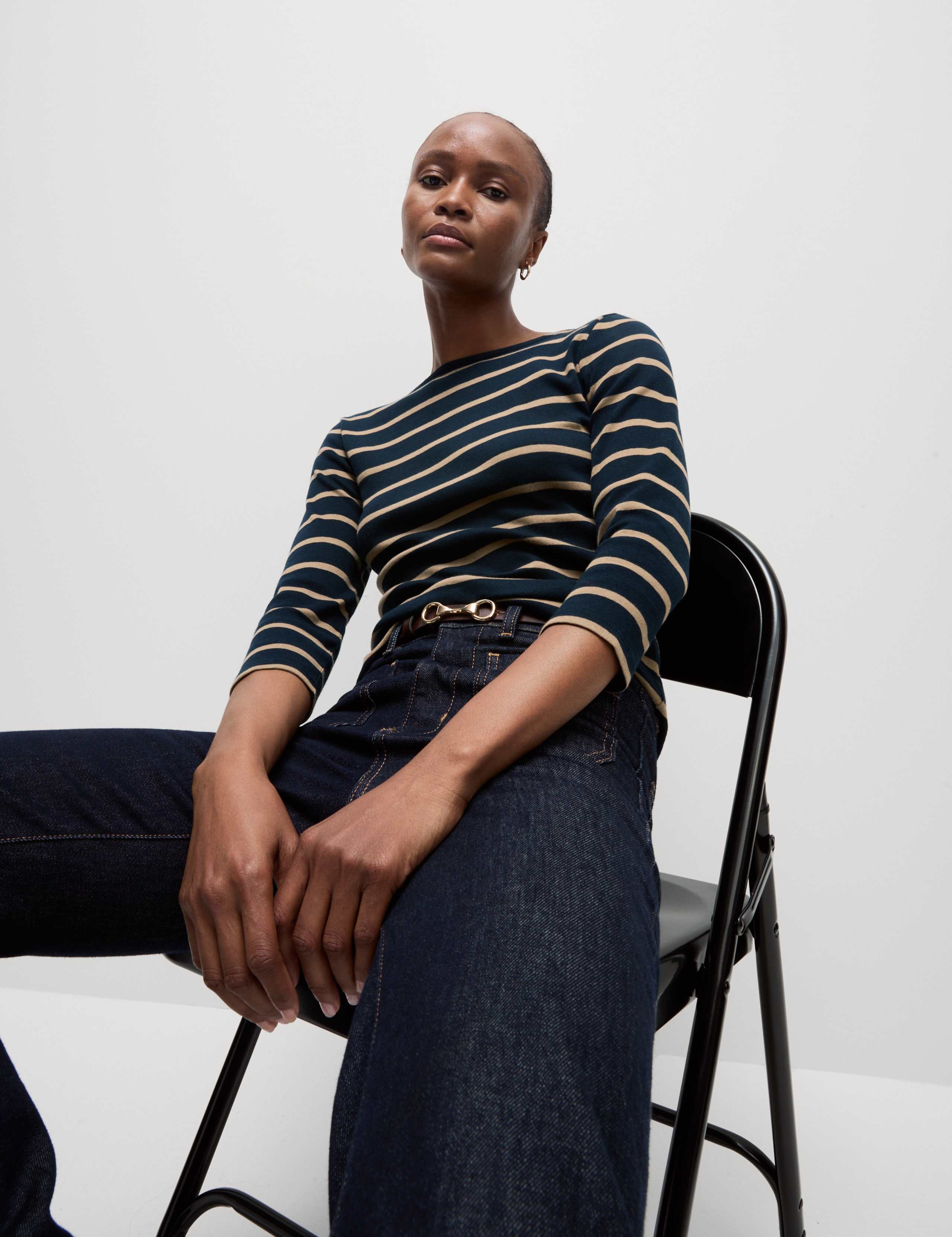 Pure Cotton Striped Slash Neck Slim Fit Top
