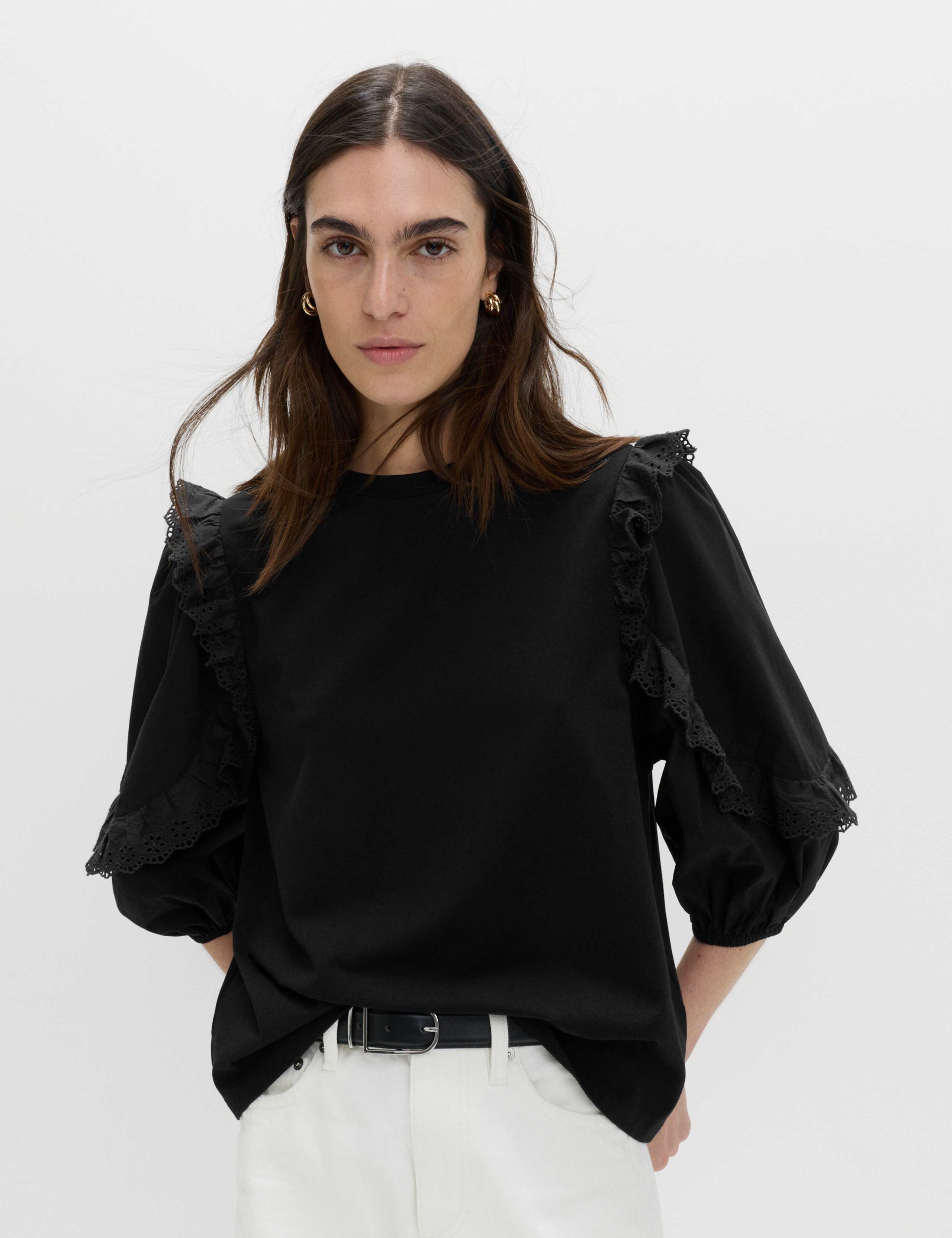 Cotton Rich Ruffle Sleeve Top