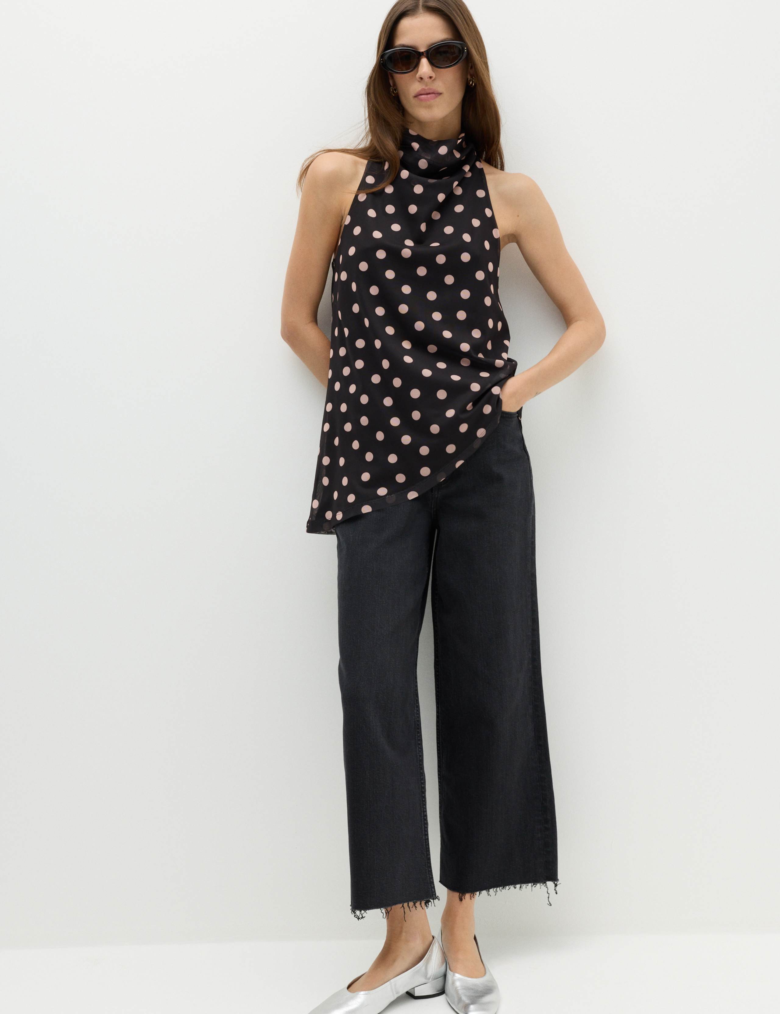 Mesh Polka Dot Cowl Neck Asymmetric Drape Vest