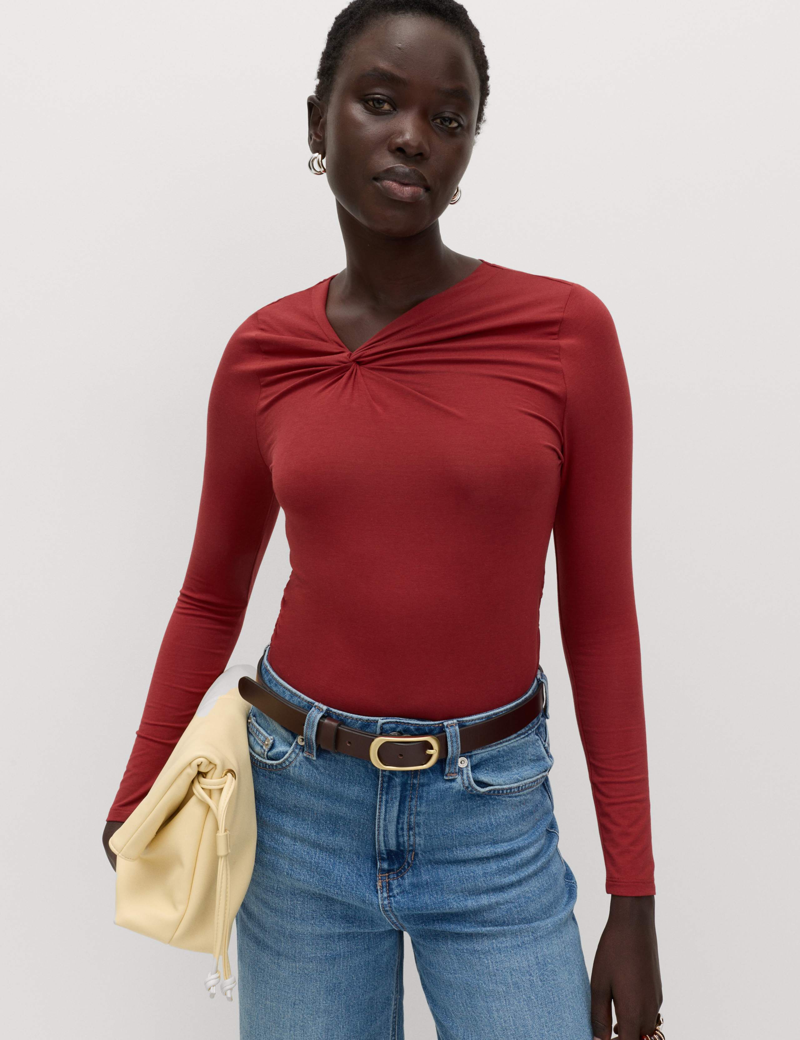 Cotton Blend Knotted Long Sleeve Top