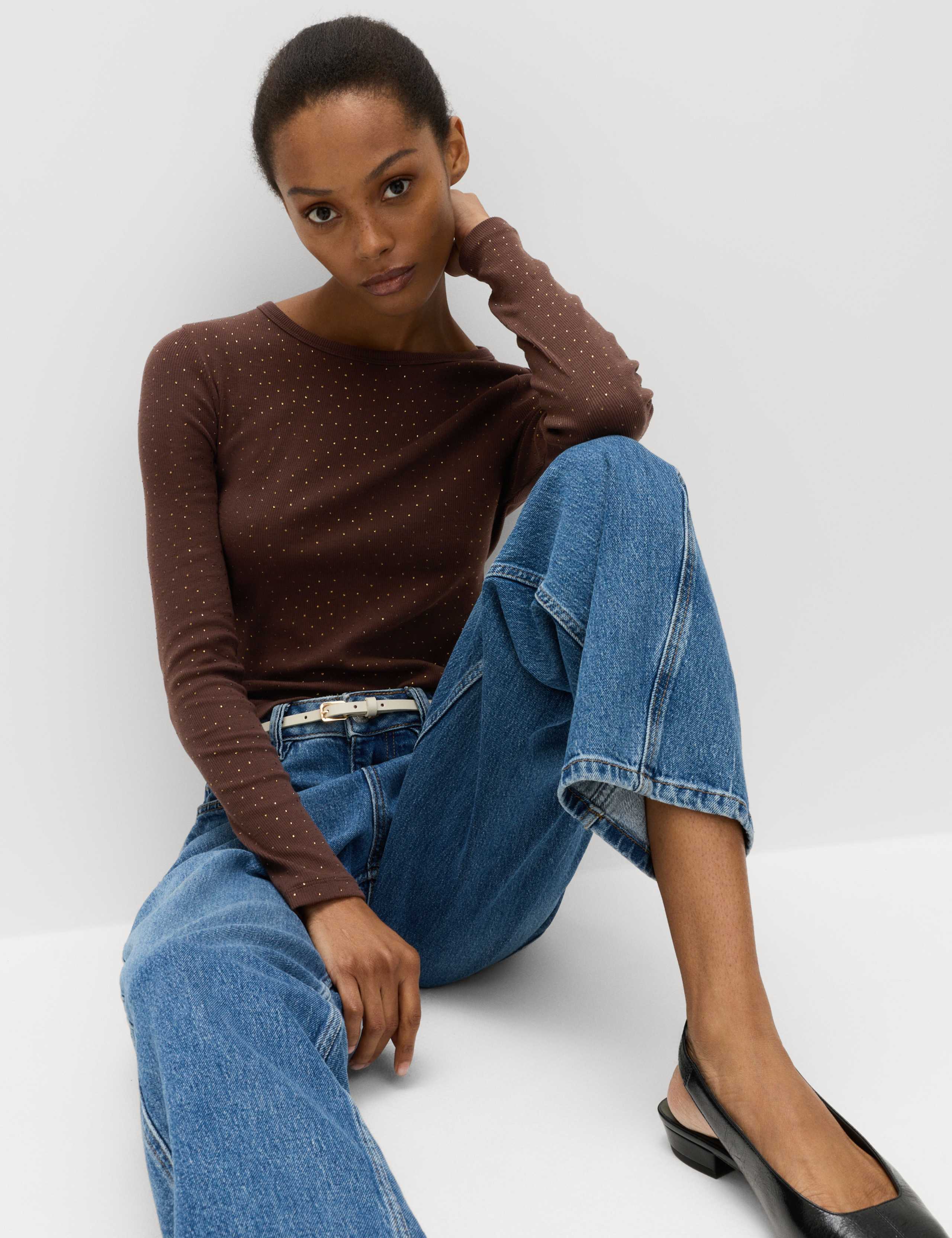 Cotton Rich Embellished Ribbed Top