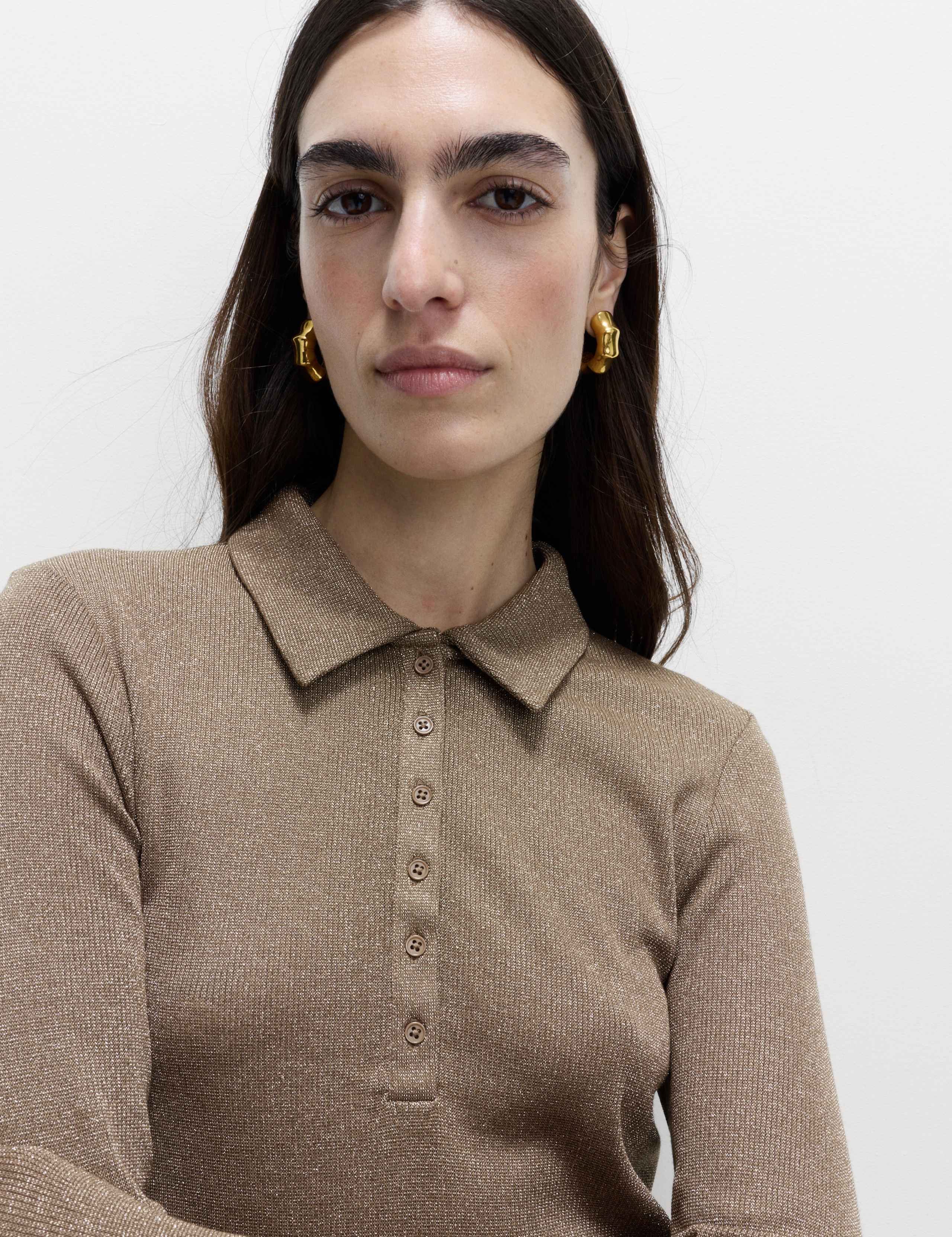 Sparkly Collared Button Detail Long Sleeve Top