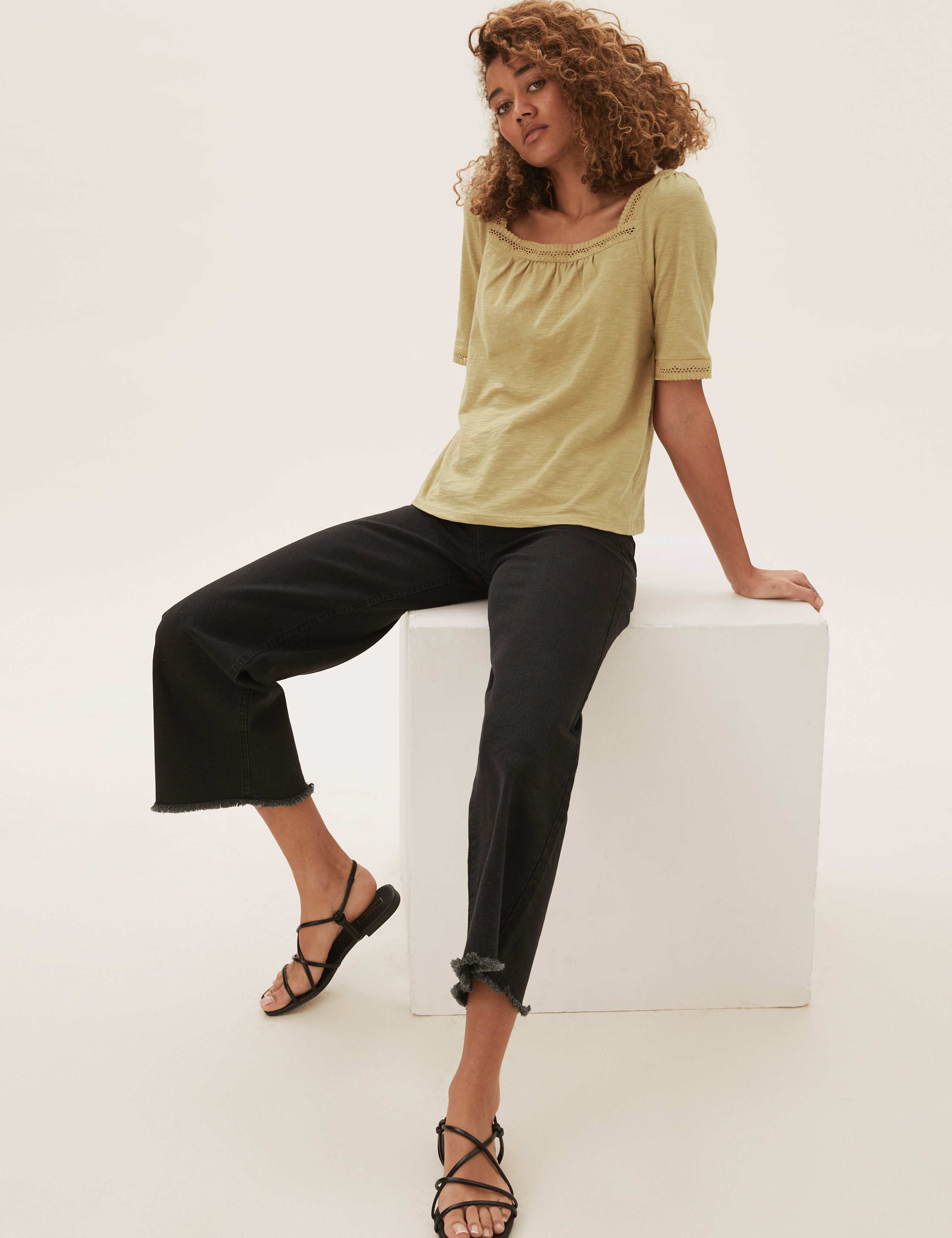 Pure Cotton Embroidered Square Neck Top