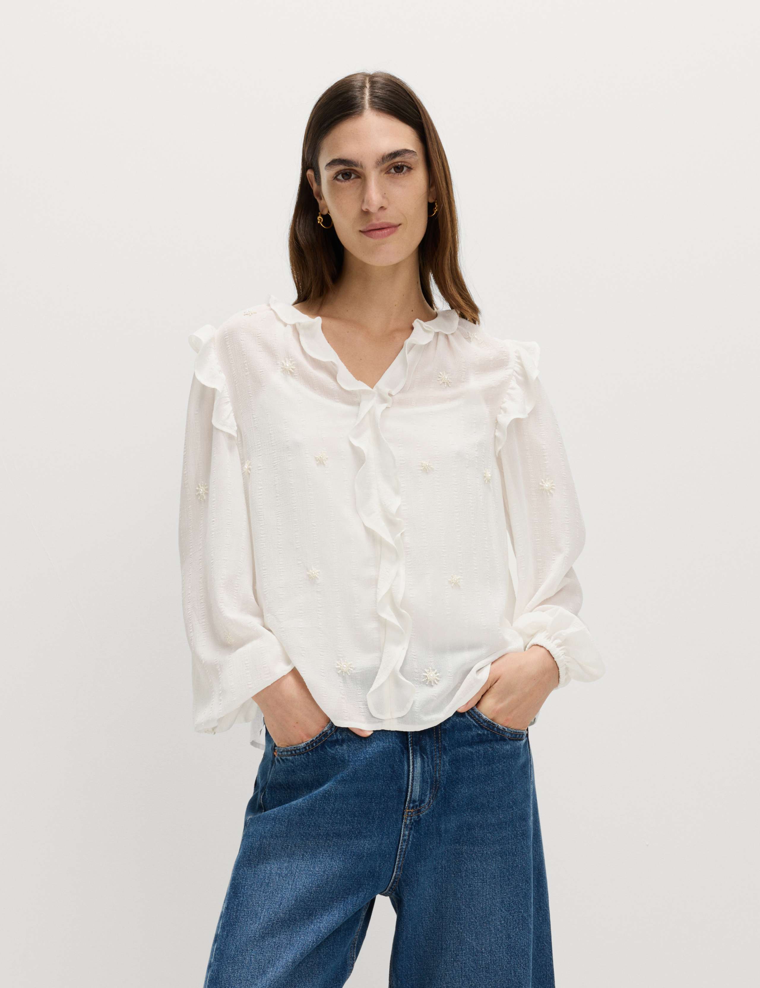 Embellished V-Neck Ruffle Long Sleeve Blouse