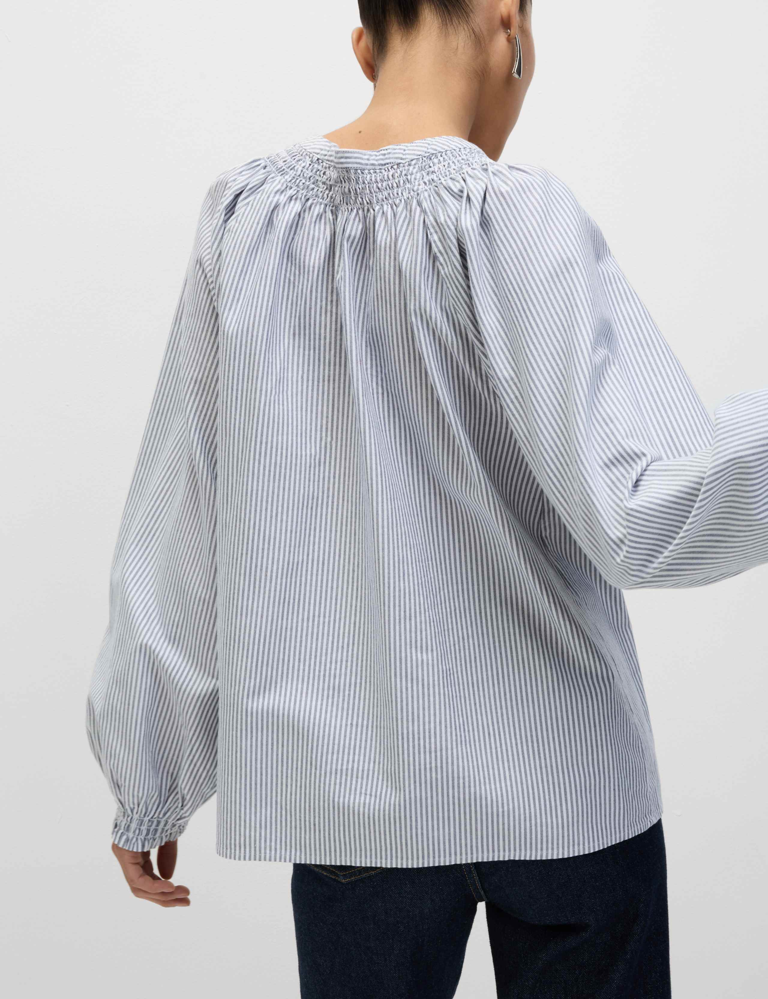 Pure Cotton Striped Tie Neck Blouse
