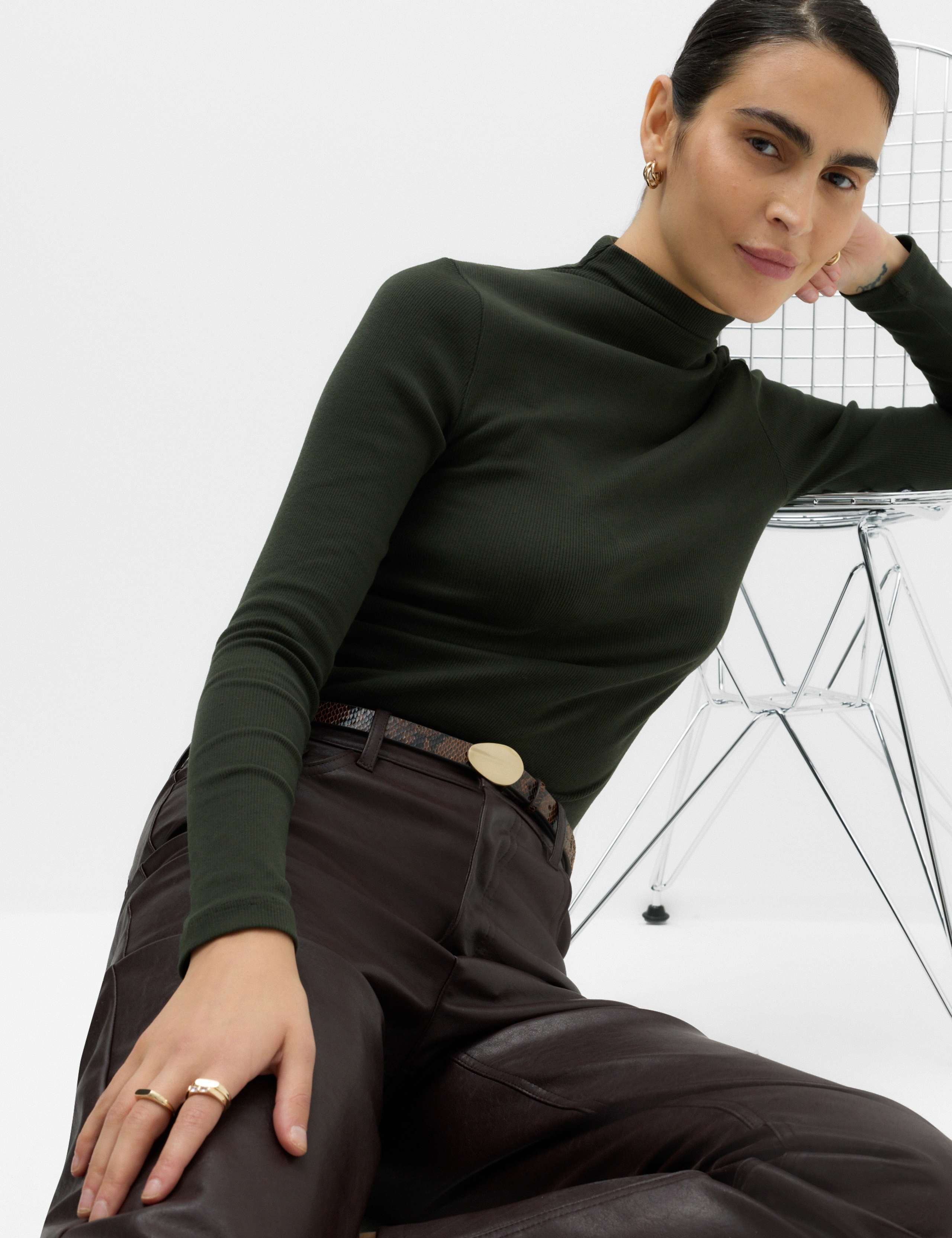 Cotton Rich Ribbed Funnel Neck Top
