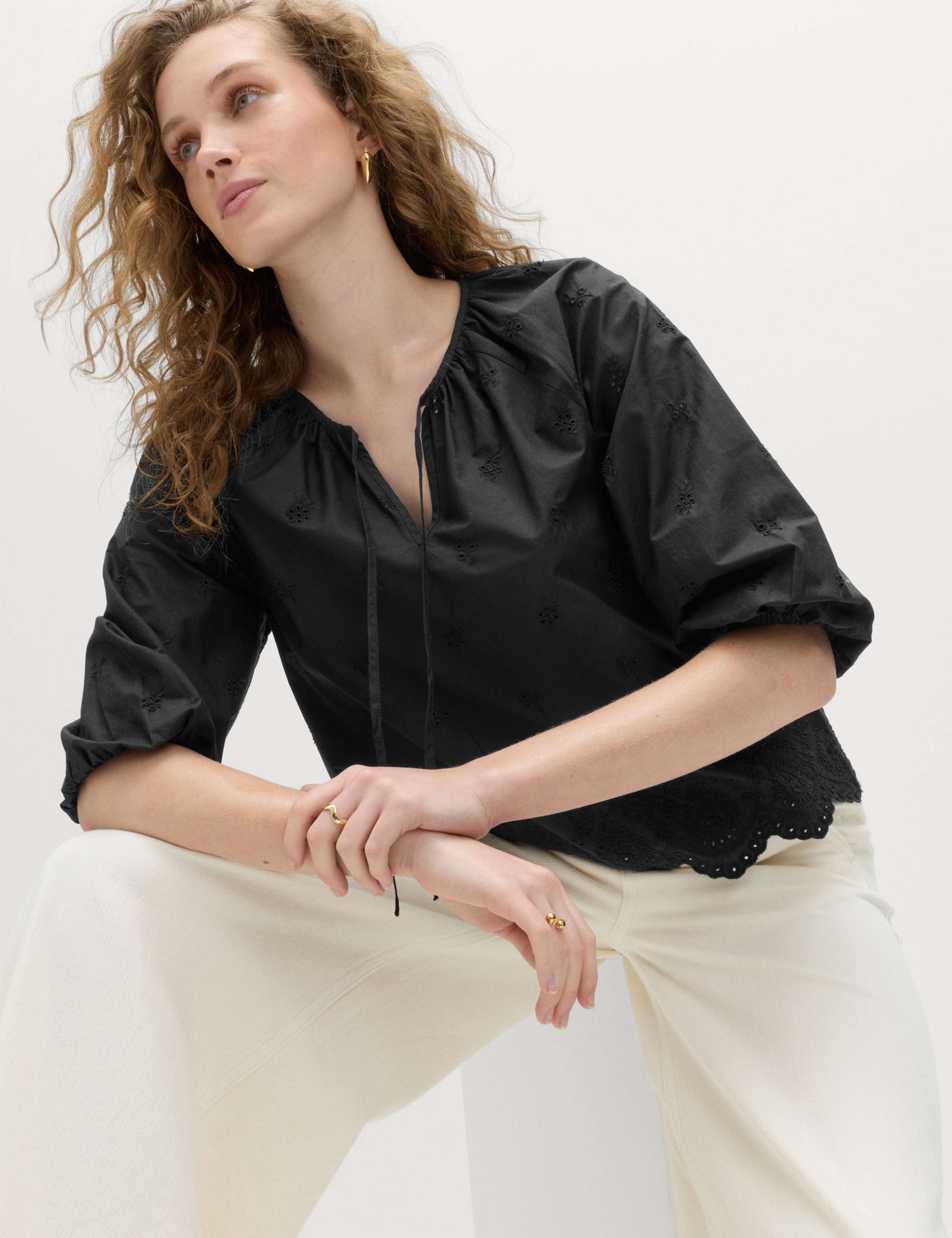 Pure Cotton Broderie Tie Neck Blouse