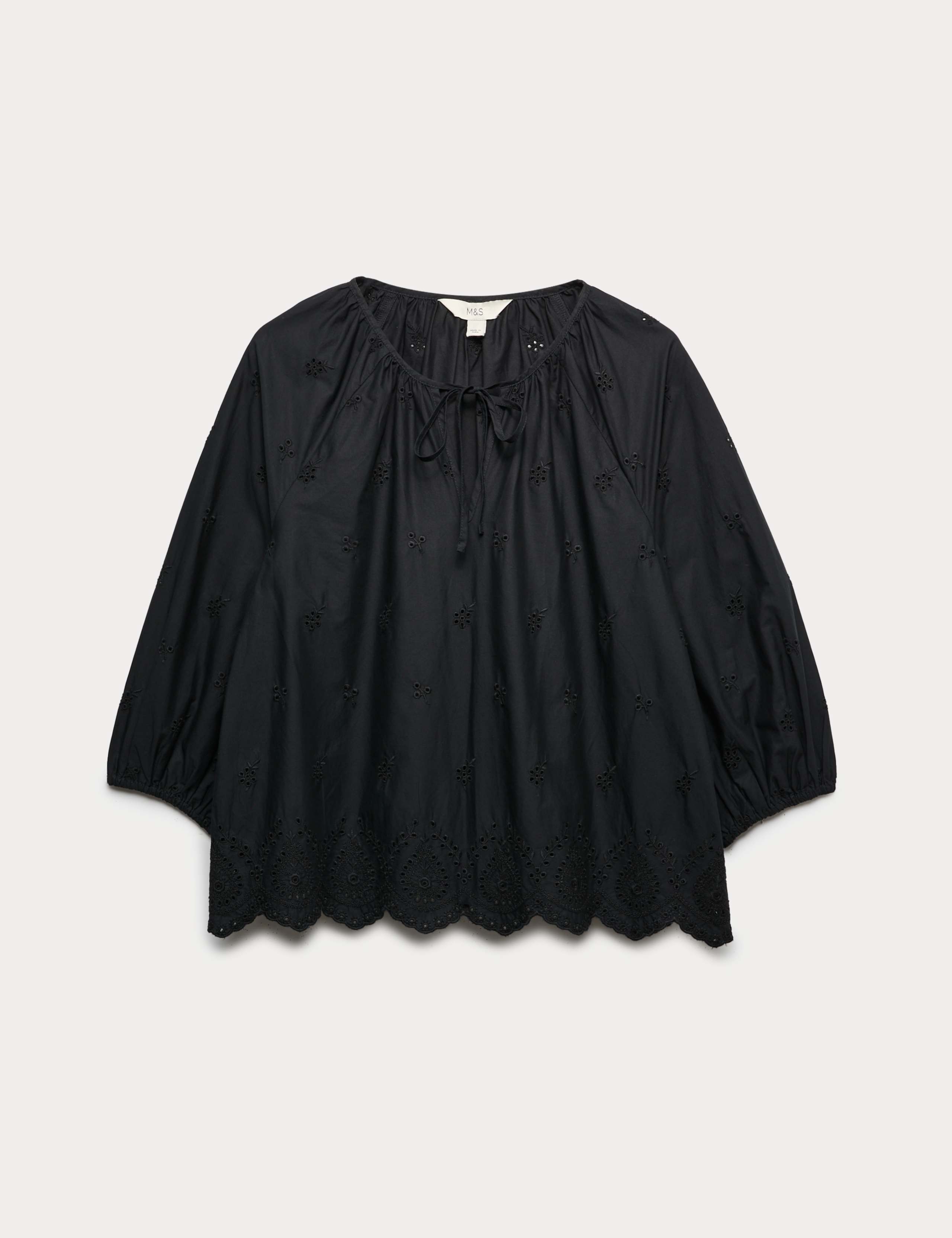 Pure Cotton Broderie Tie Neck Blouse