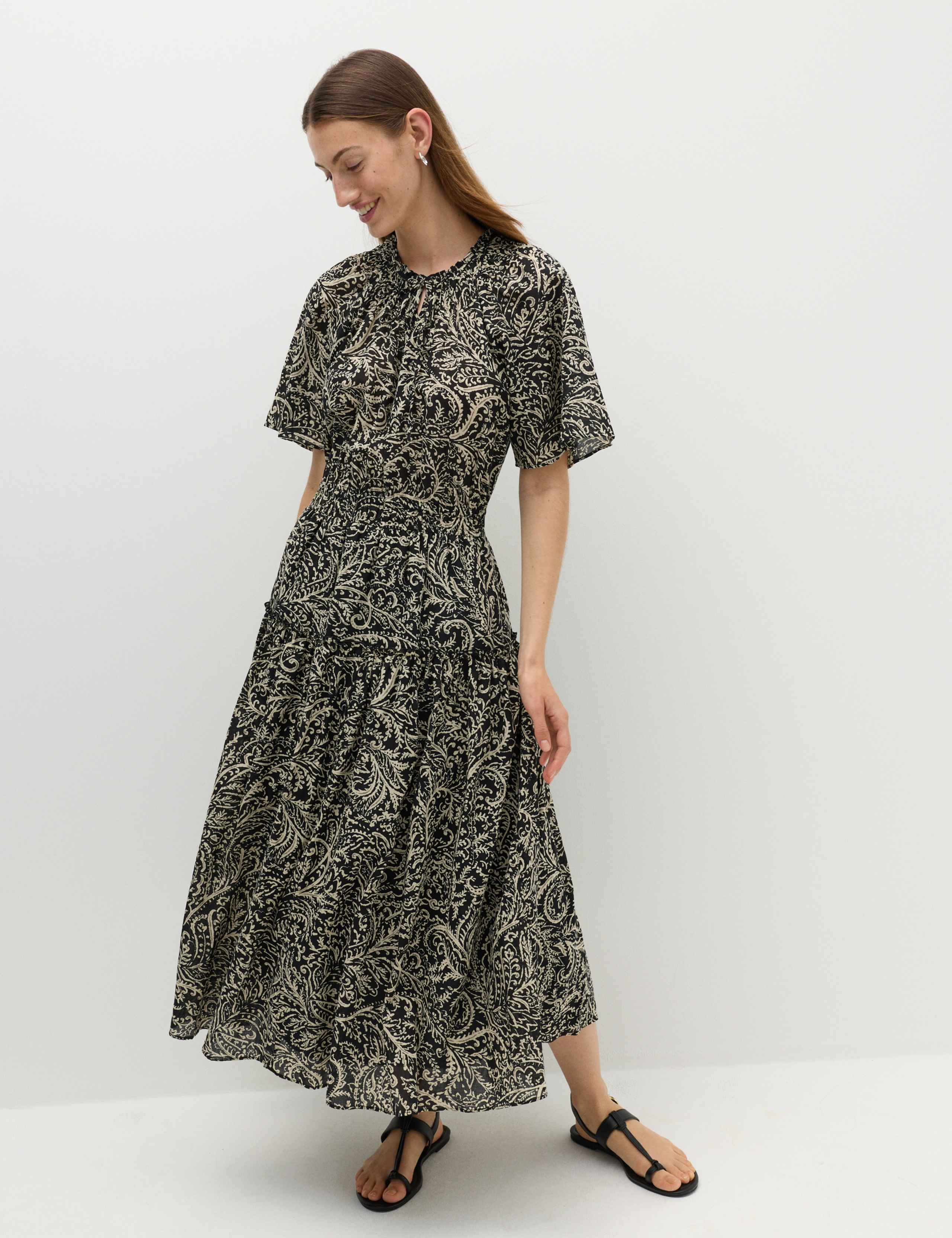 Pure Cotton Printed Midi Waisted Dress
