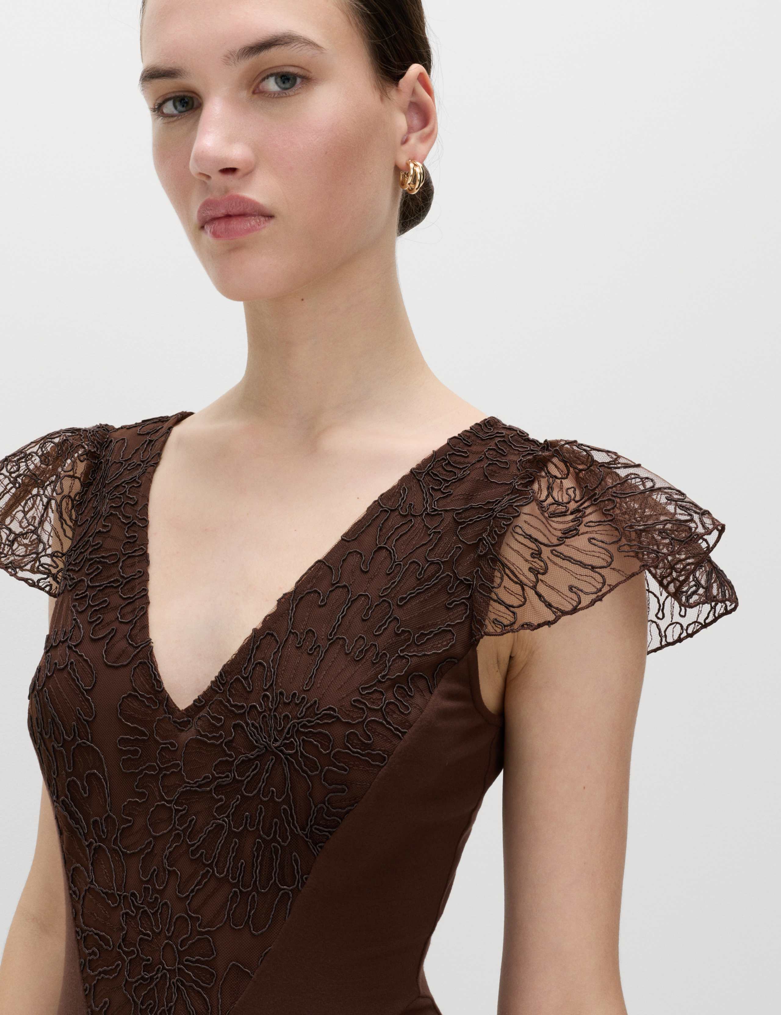 Jersey V-Neck Lace Panel Midaxi Column Dress