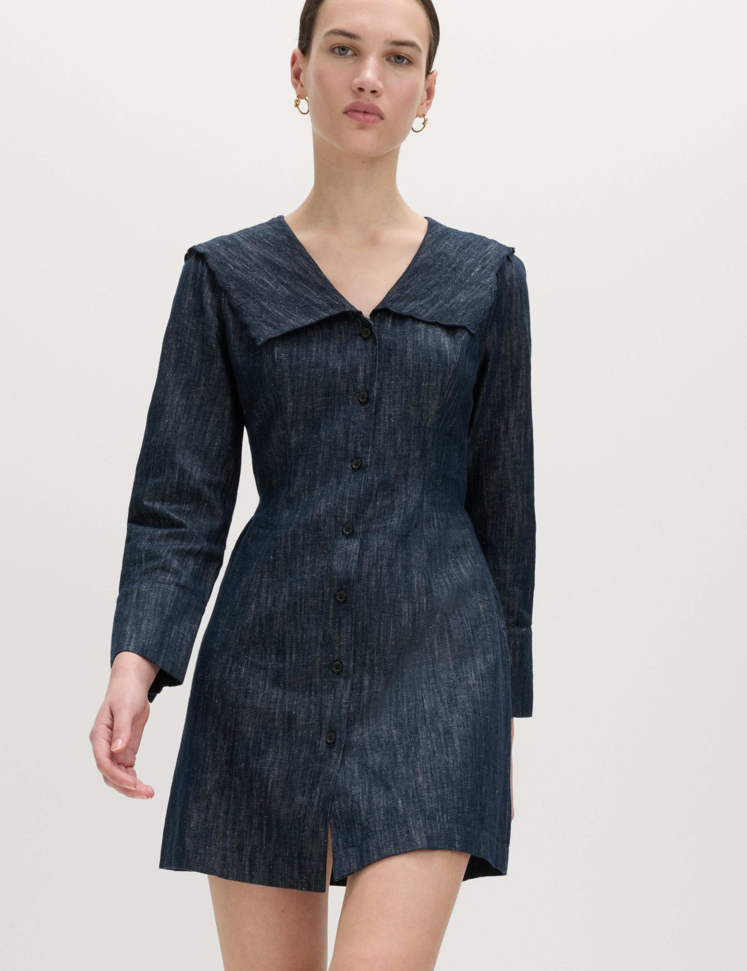 Denim Sailor Collar Mini Dress with Linen