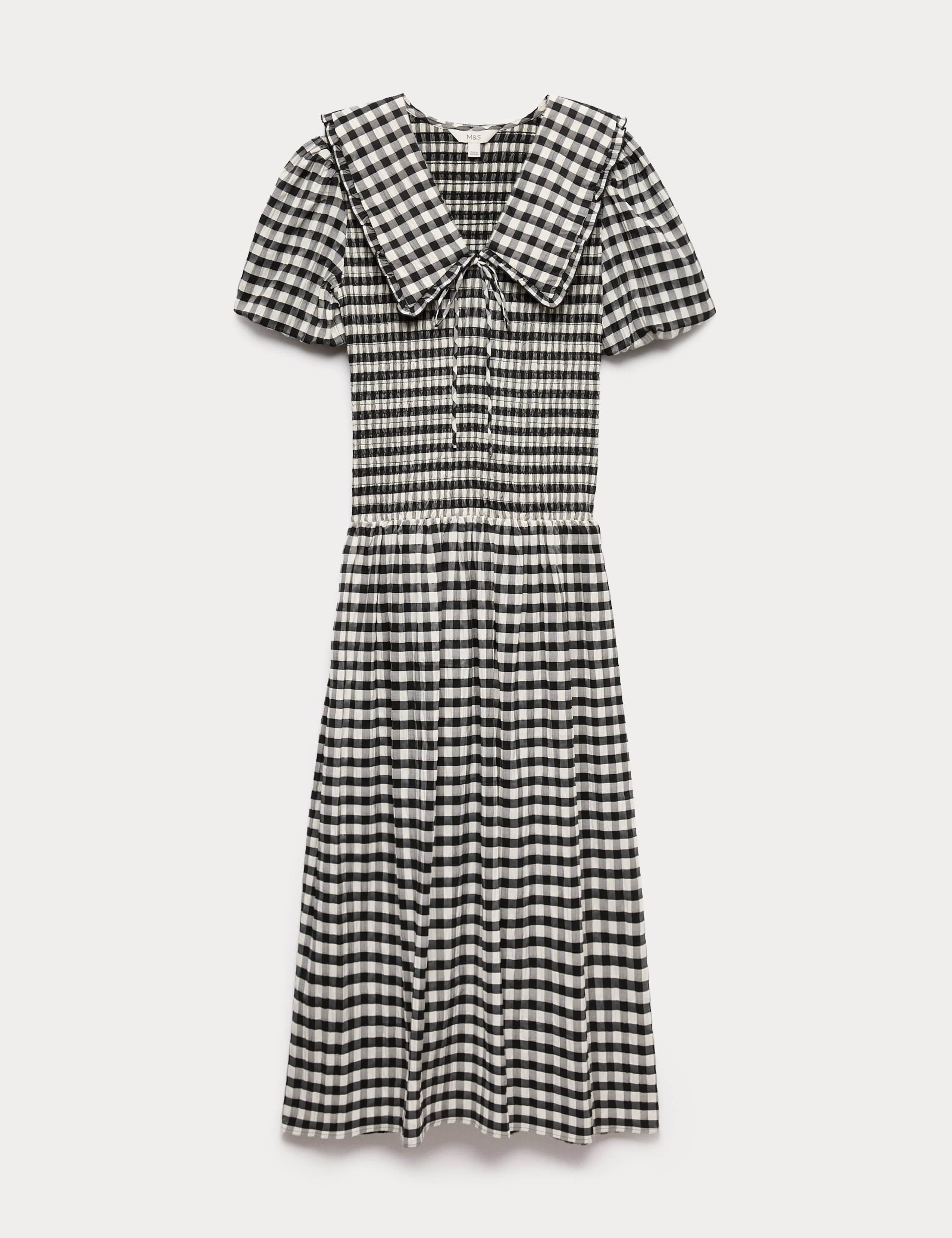 Cotton Blend Gingham Dropped Waist Midi Dress