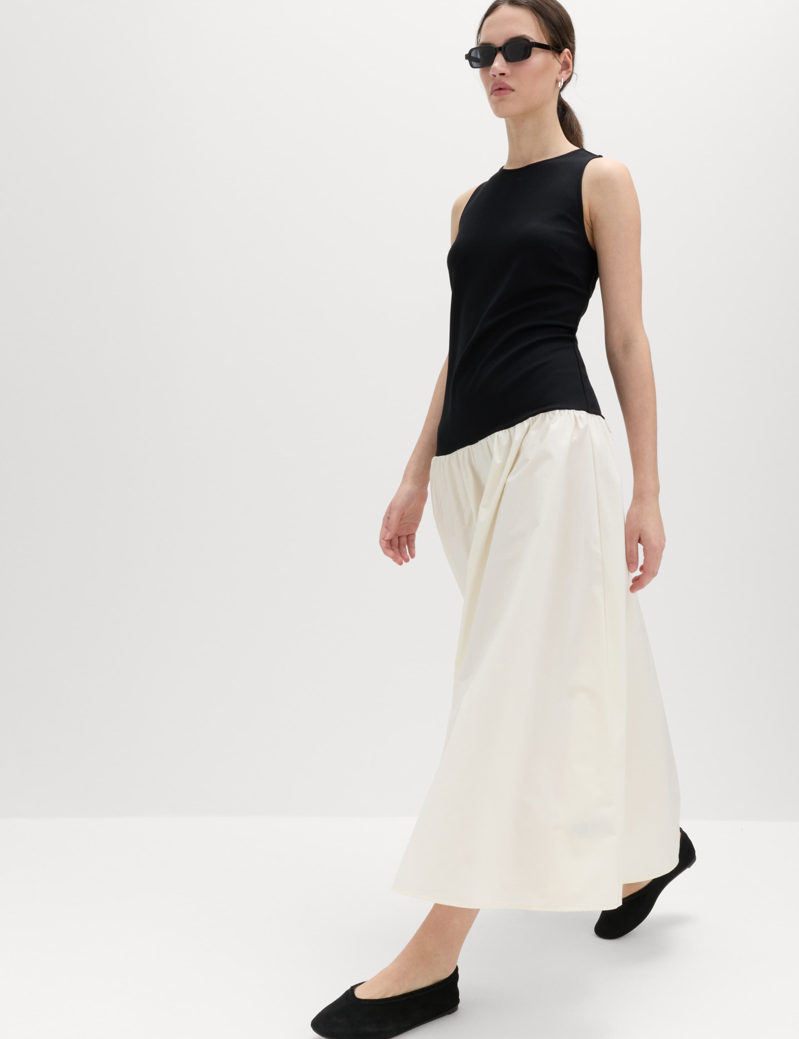 Cotton Blend Contrast Midi Drop Waist Dress