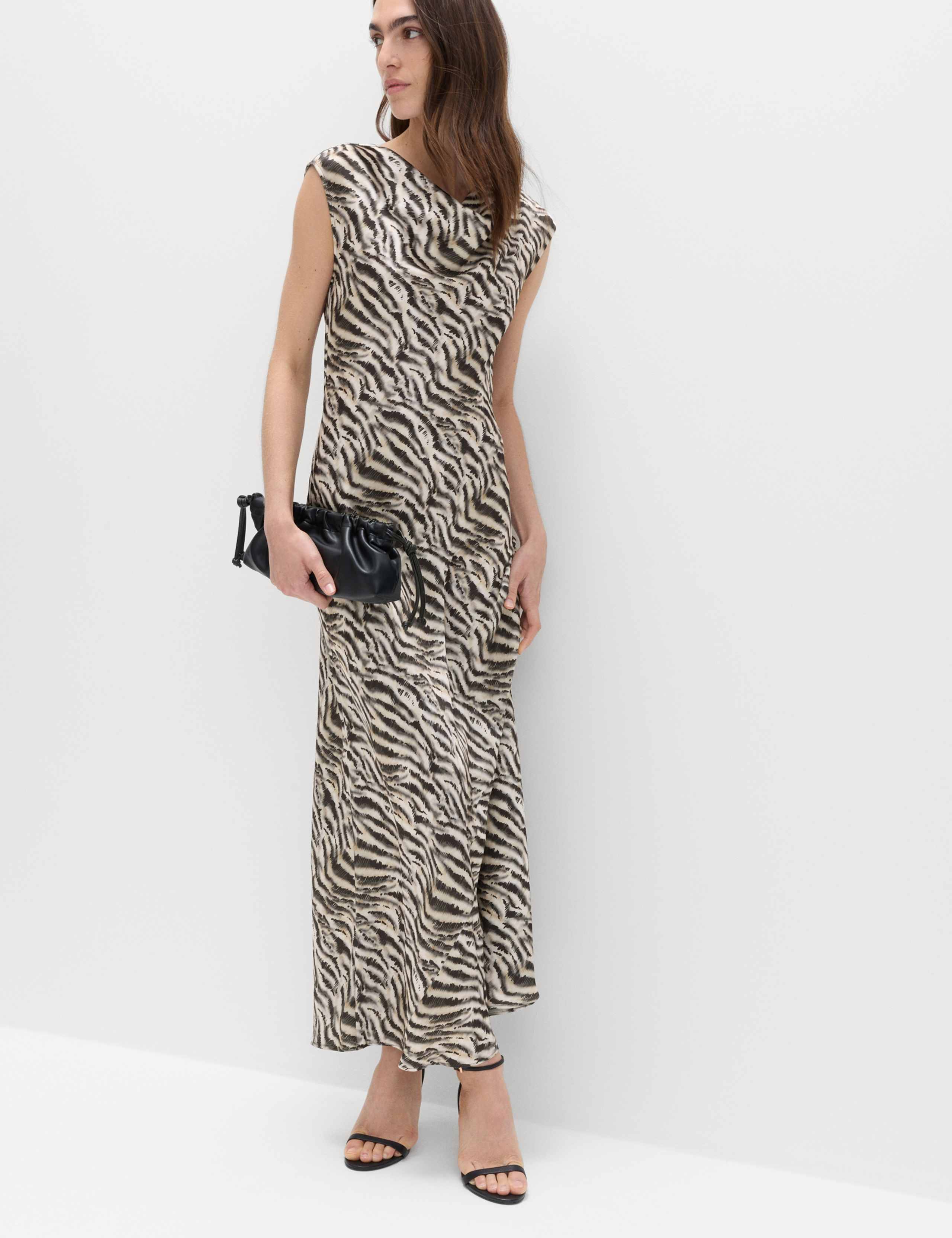 Satin Zebra Print Cowl Neck Midaxi Dress