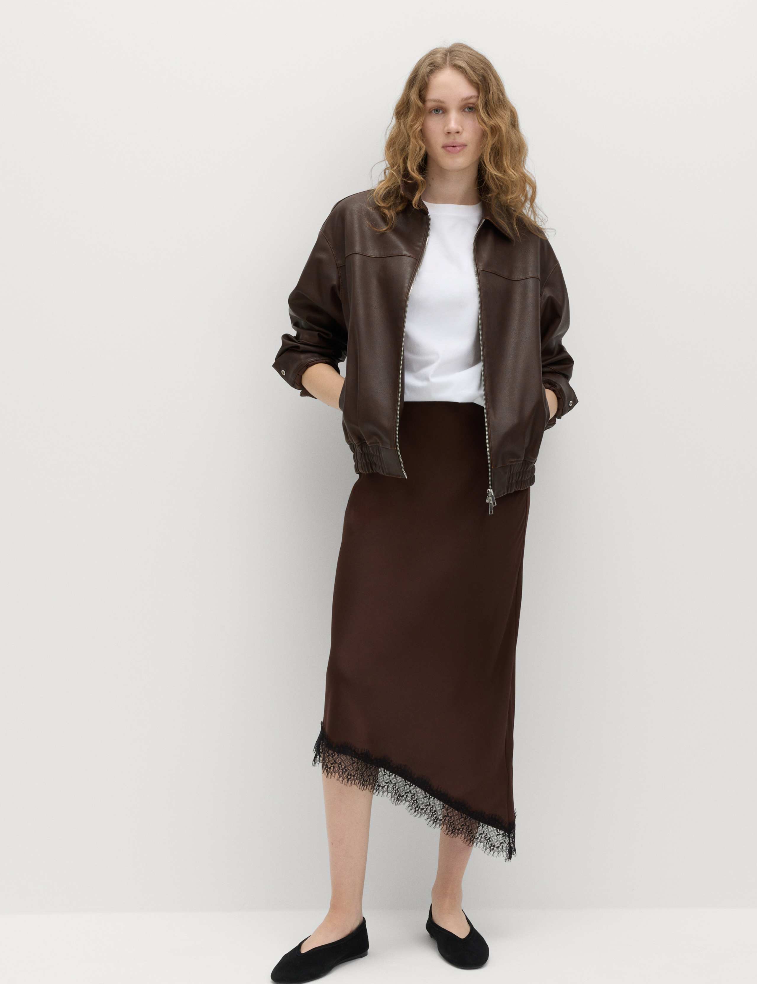 Lace Detail Asymmetric Midi Slip Skirt