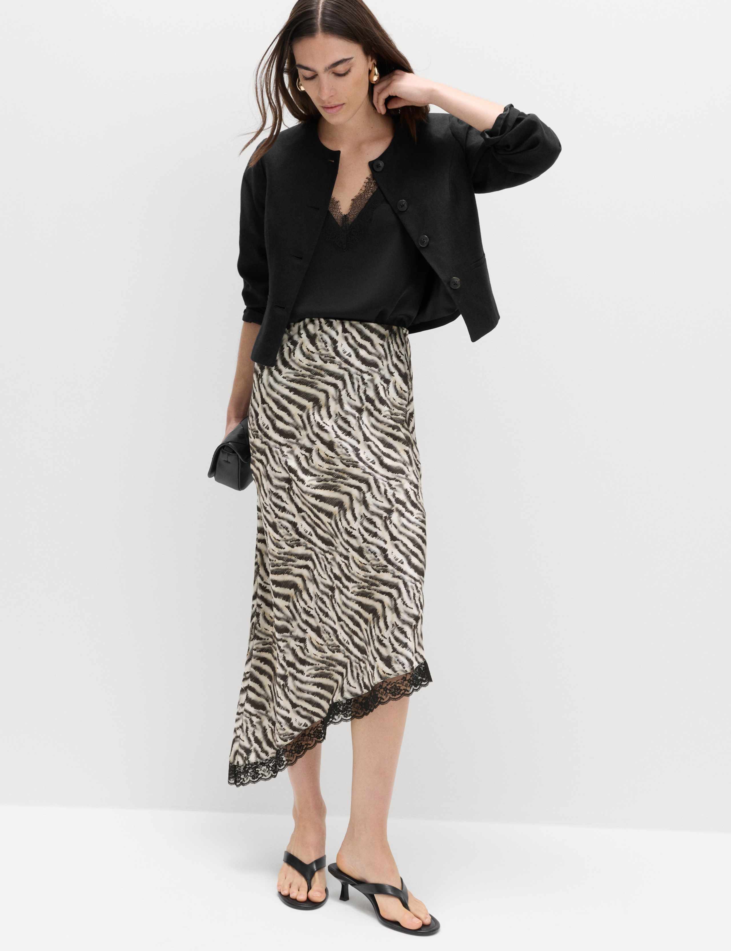 Zebra Print Lace Hem Asymmetric Midi Skirt