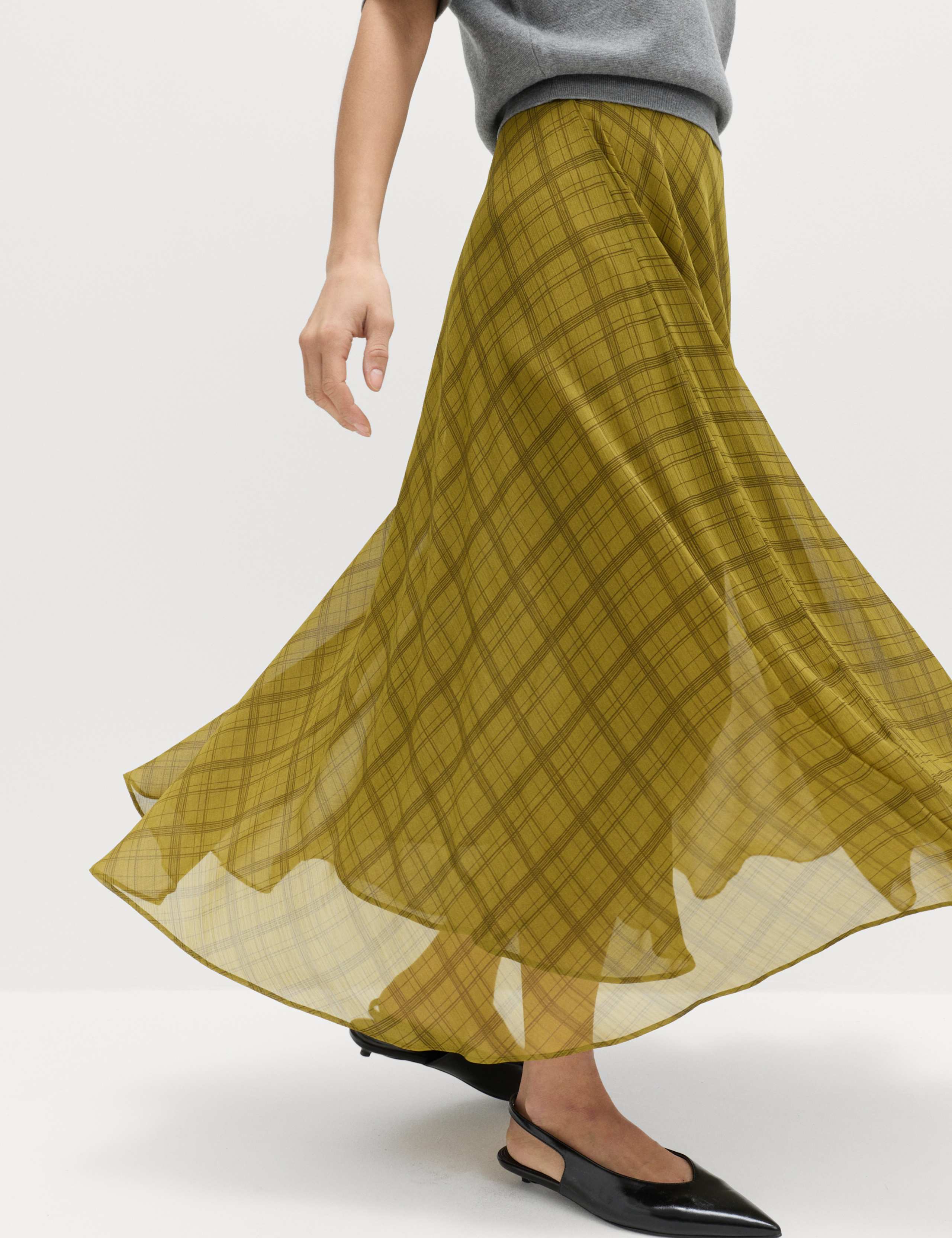 Checked Chiffon Midi A-Line Skirt