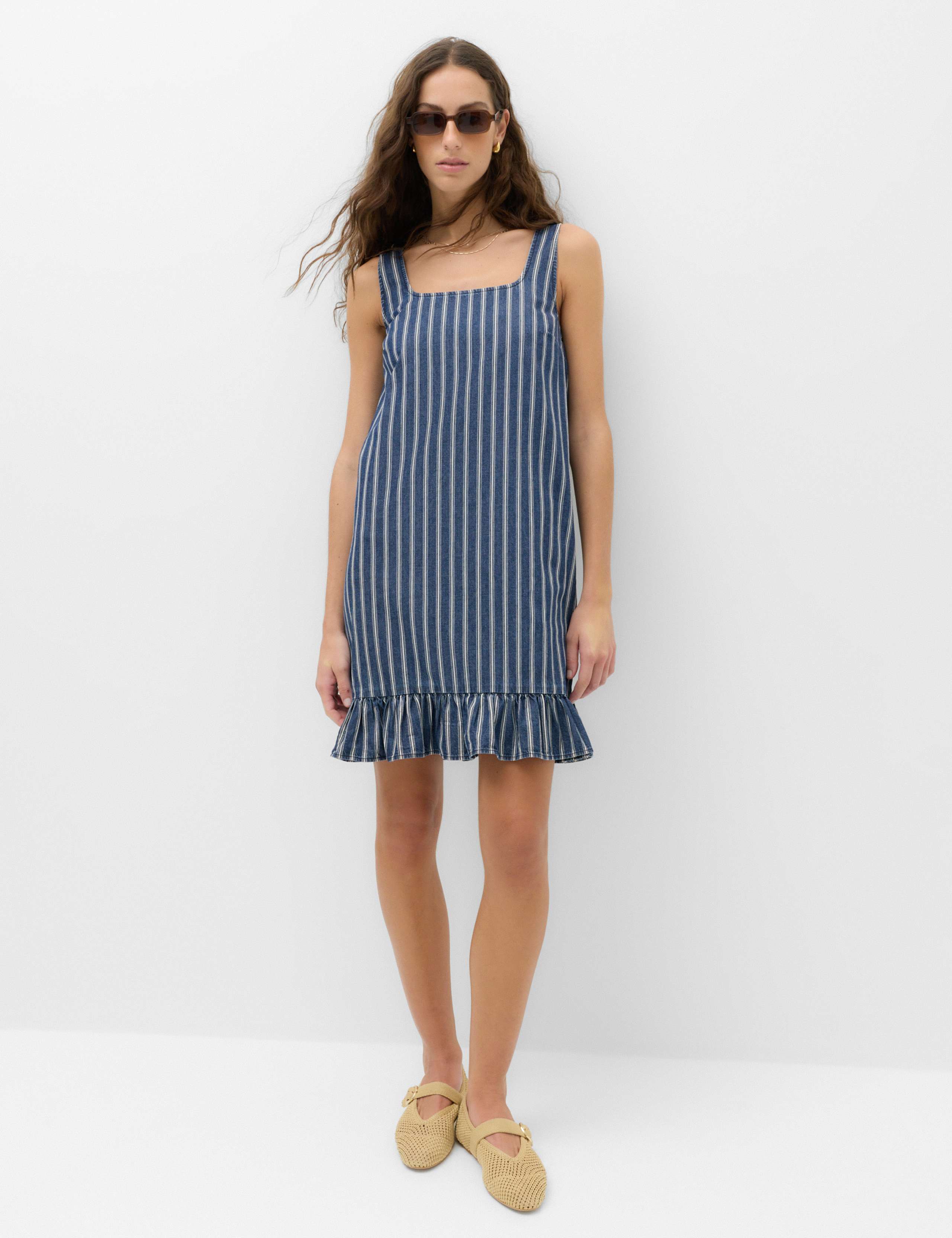 Denim Striped Frill Hem Mini Shift Dress