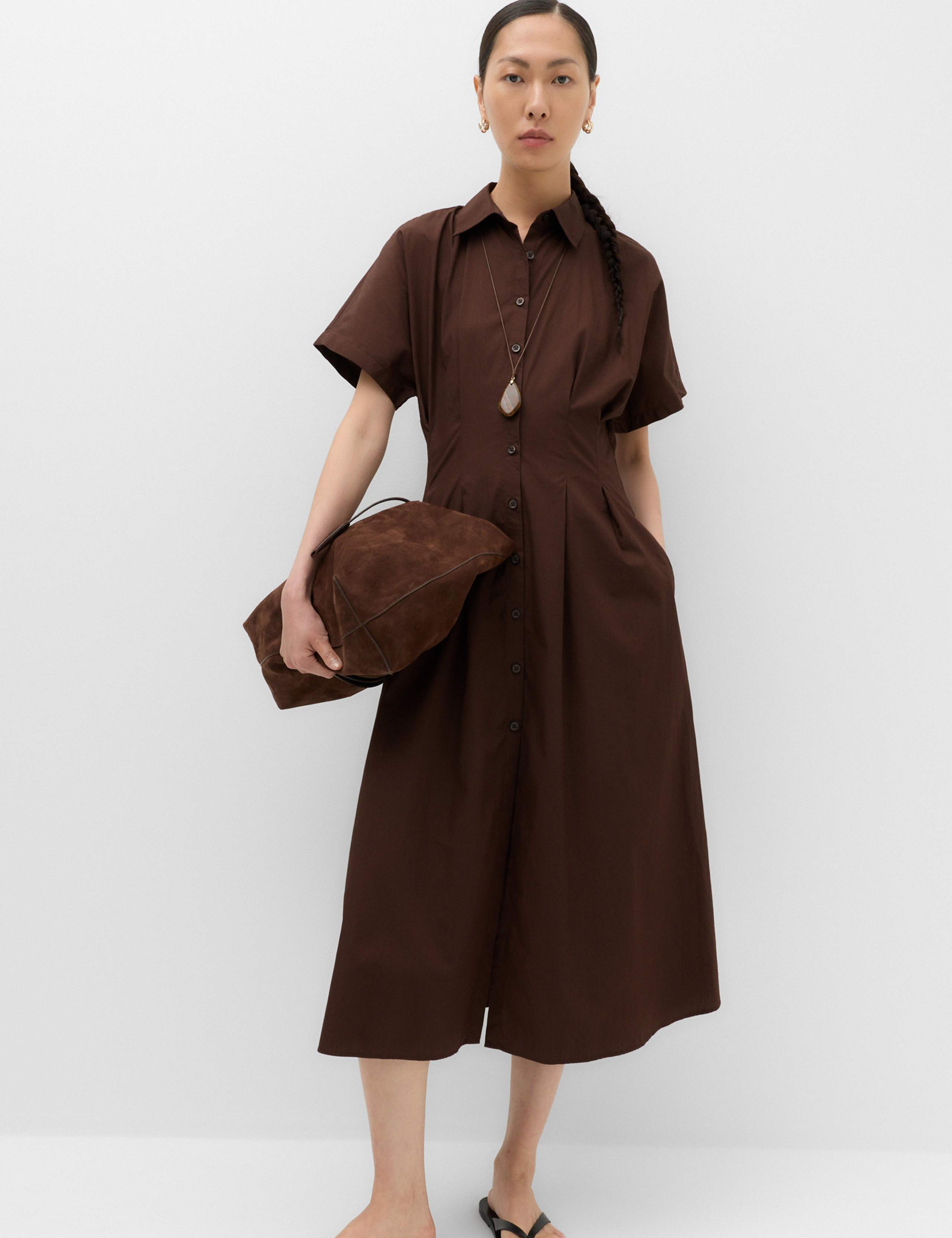 Pure Cotton Pintuck Midi Shirt Dress