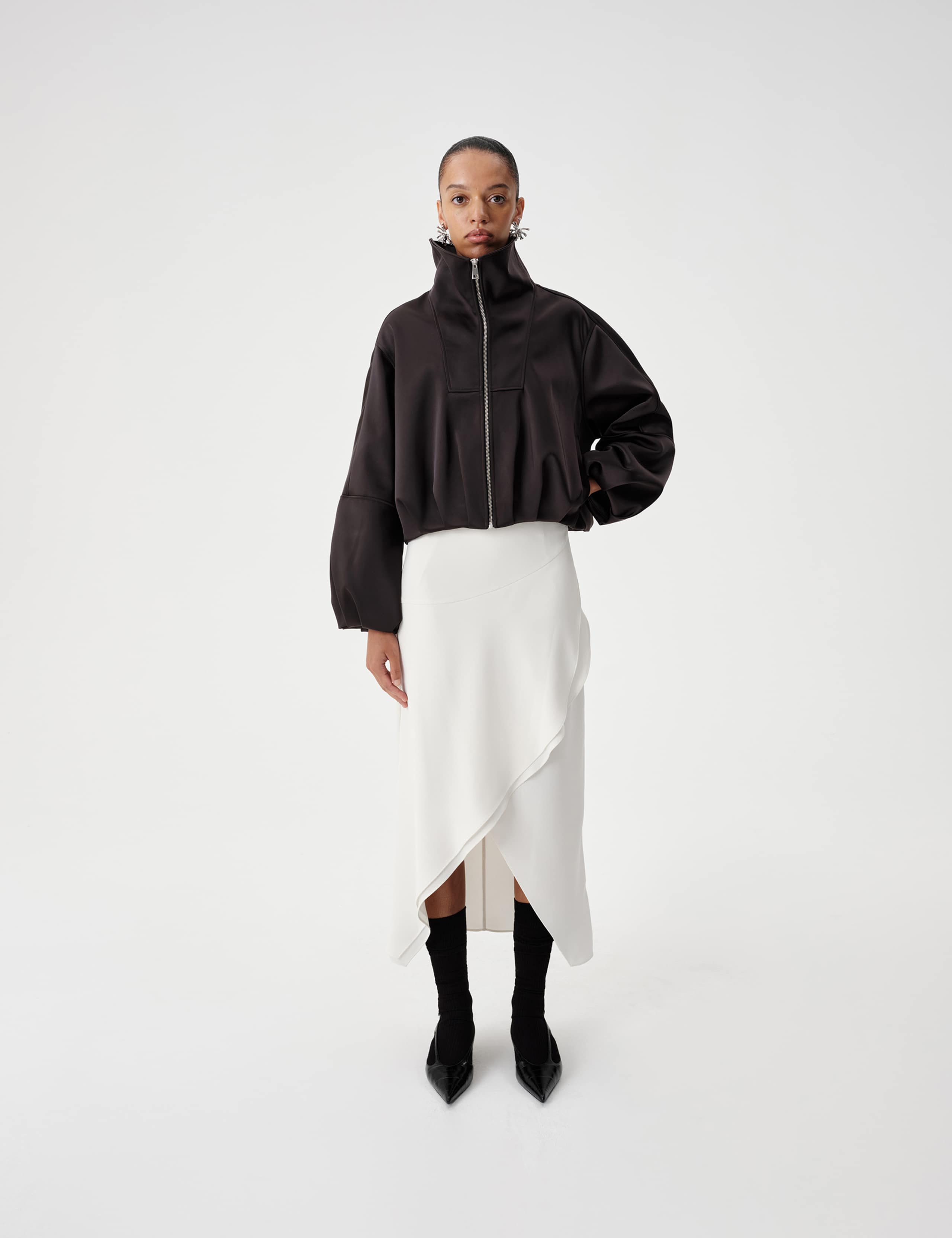 Satin Draped Asymmetric Midi Wrap Skirt