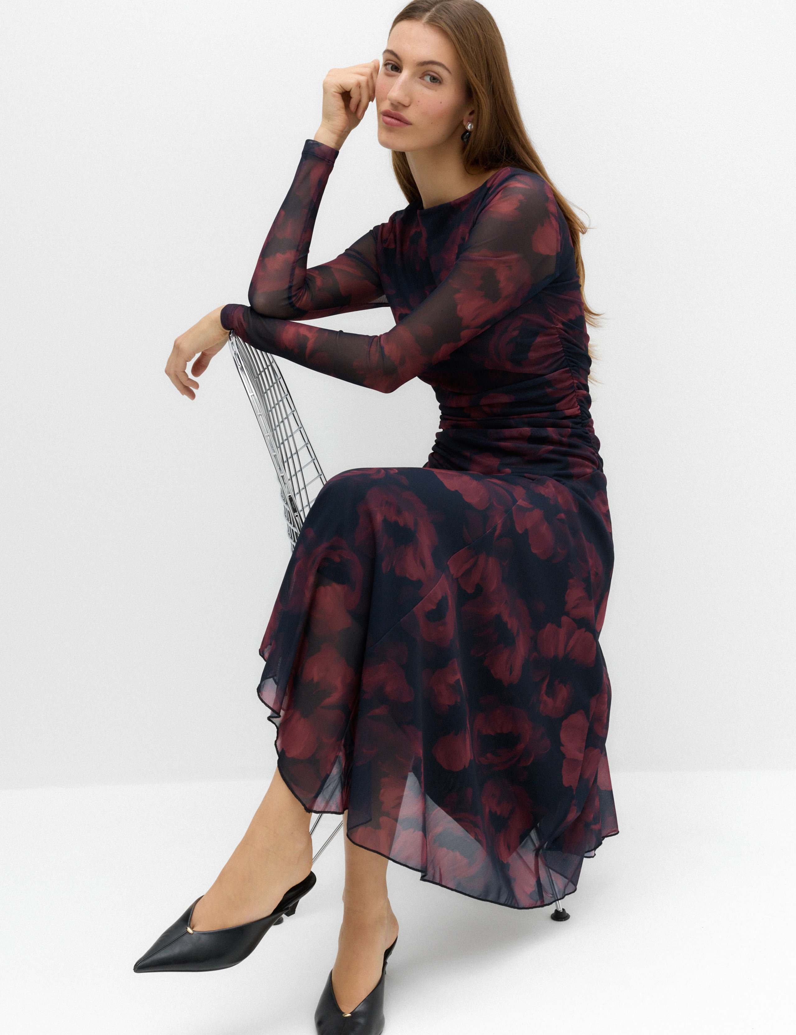 Mesh Floral Asymmetric Hem Midaxi Waisted Dress