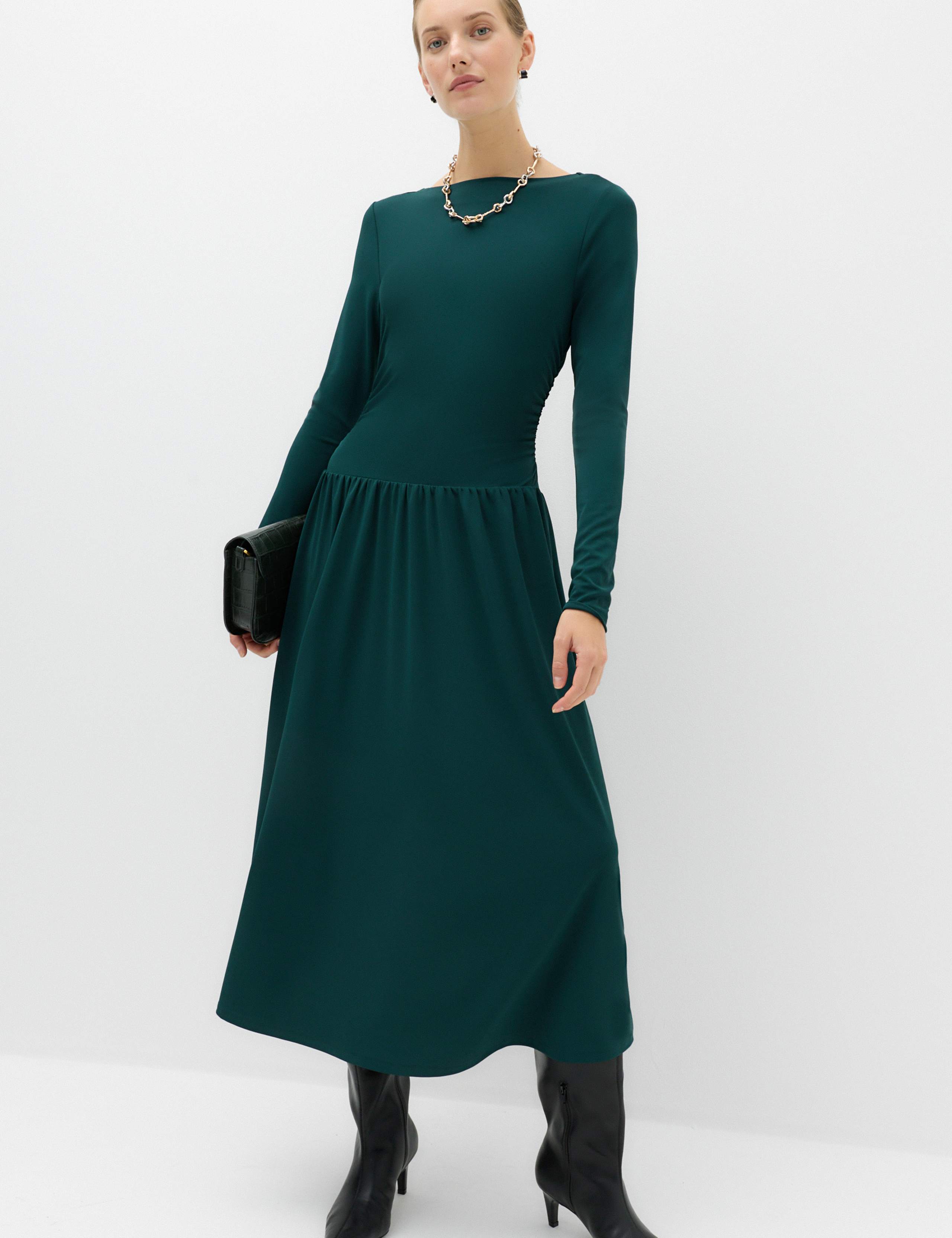 Jersey Ruched Midi Waisted Dress