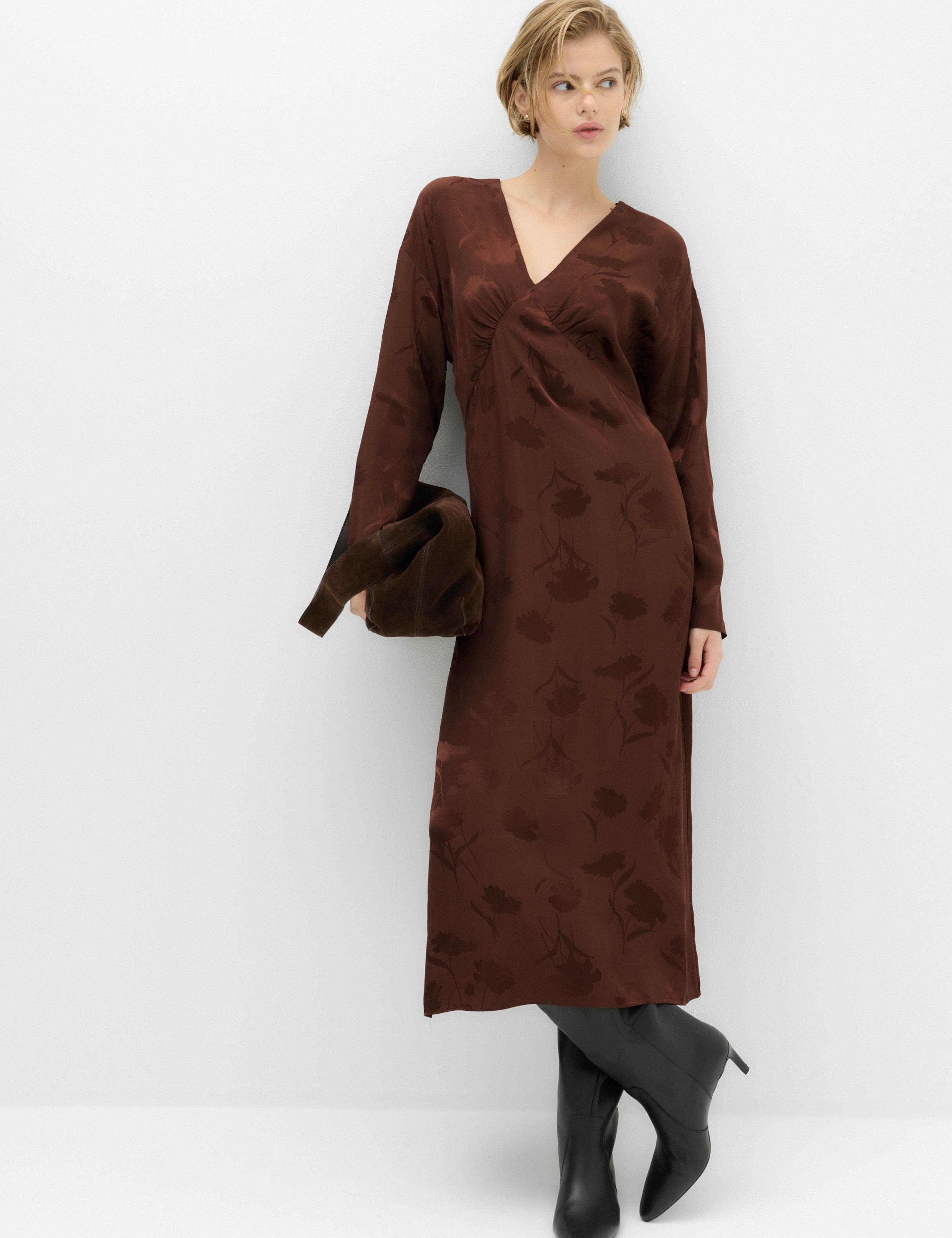Satin Floral Jacquard V-Neck Midi Tea Dress