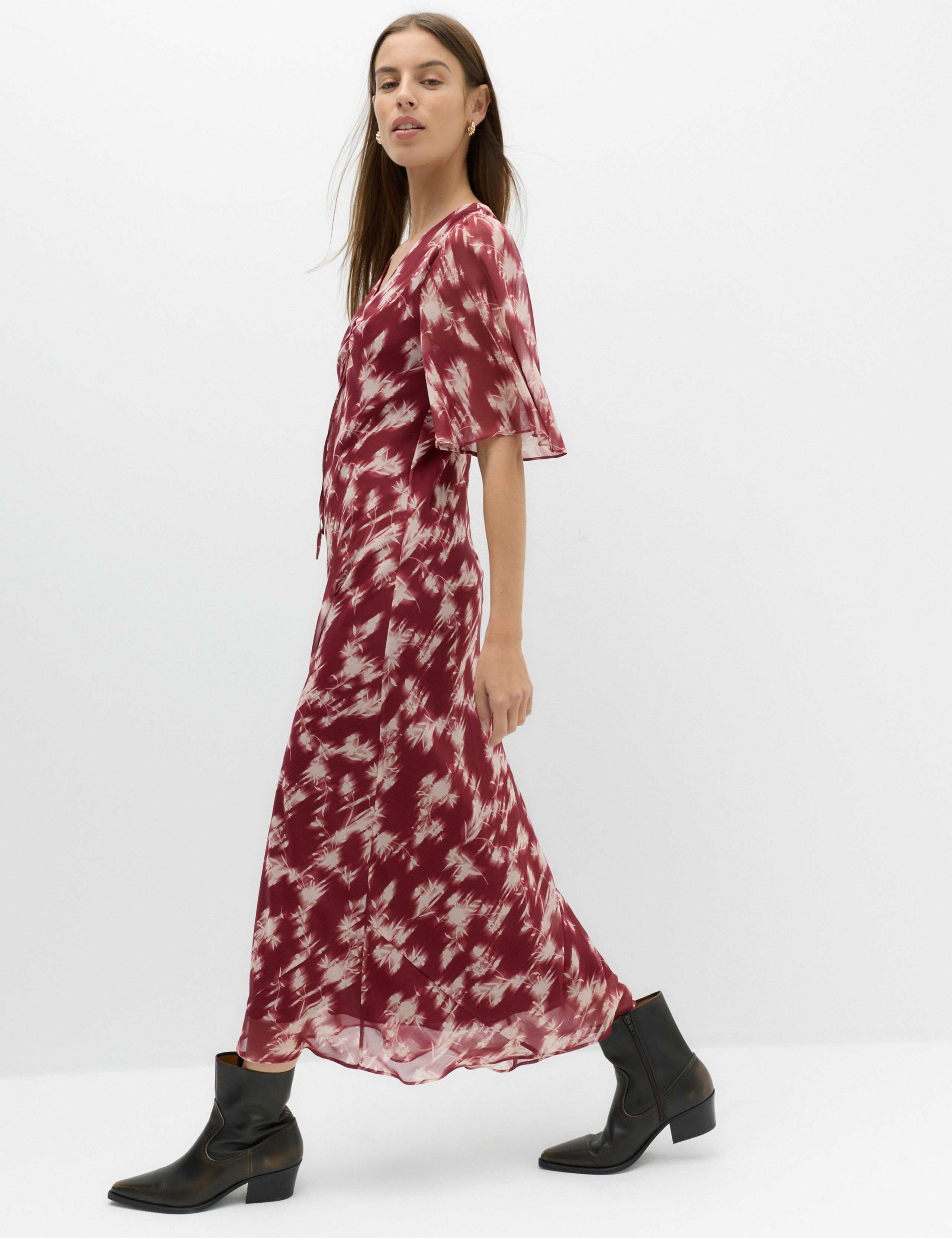 Chiffon Floral V Neck Tie Detail Midi Tea Dress