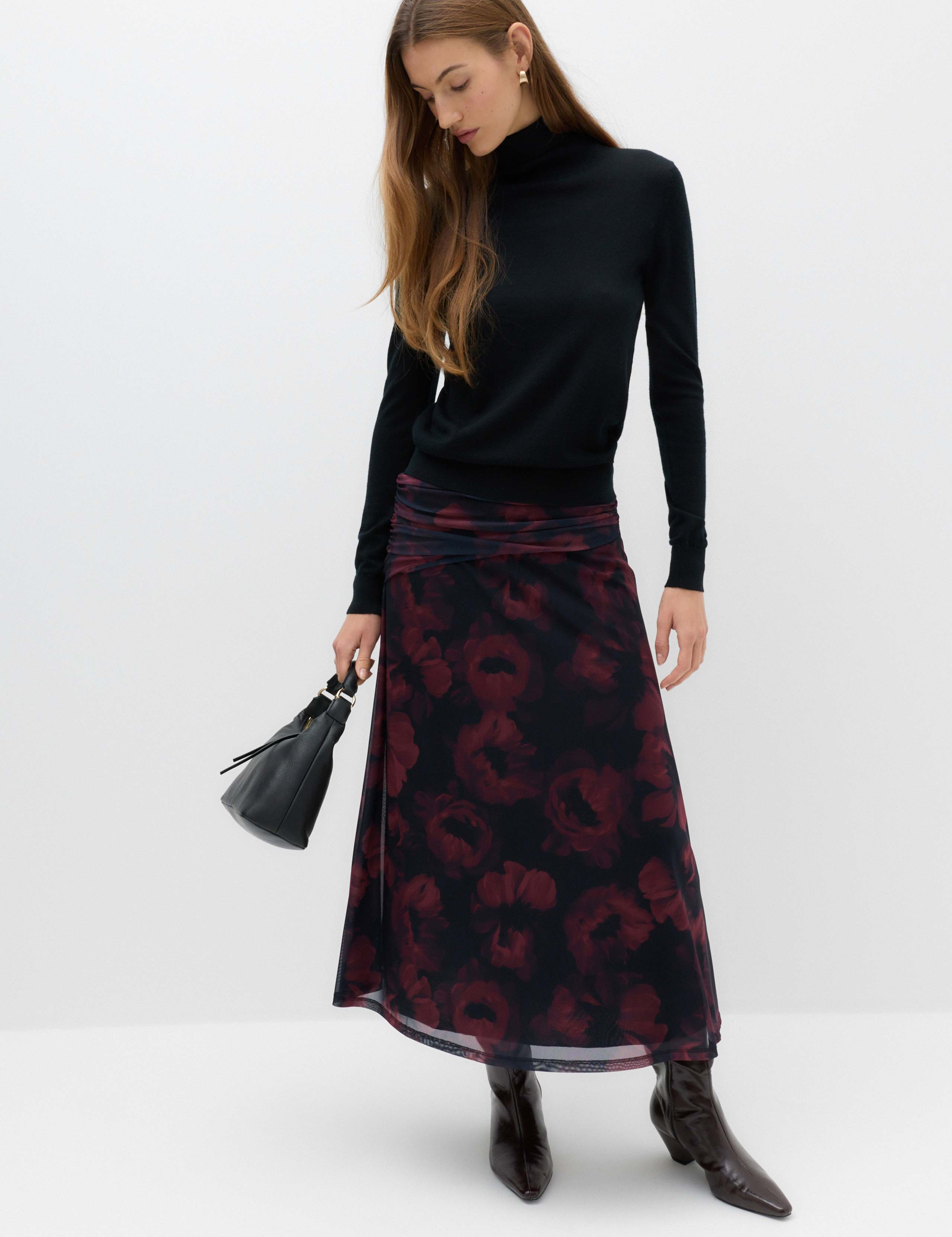 Mesh Floral Ruched Midi A Line Skirt