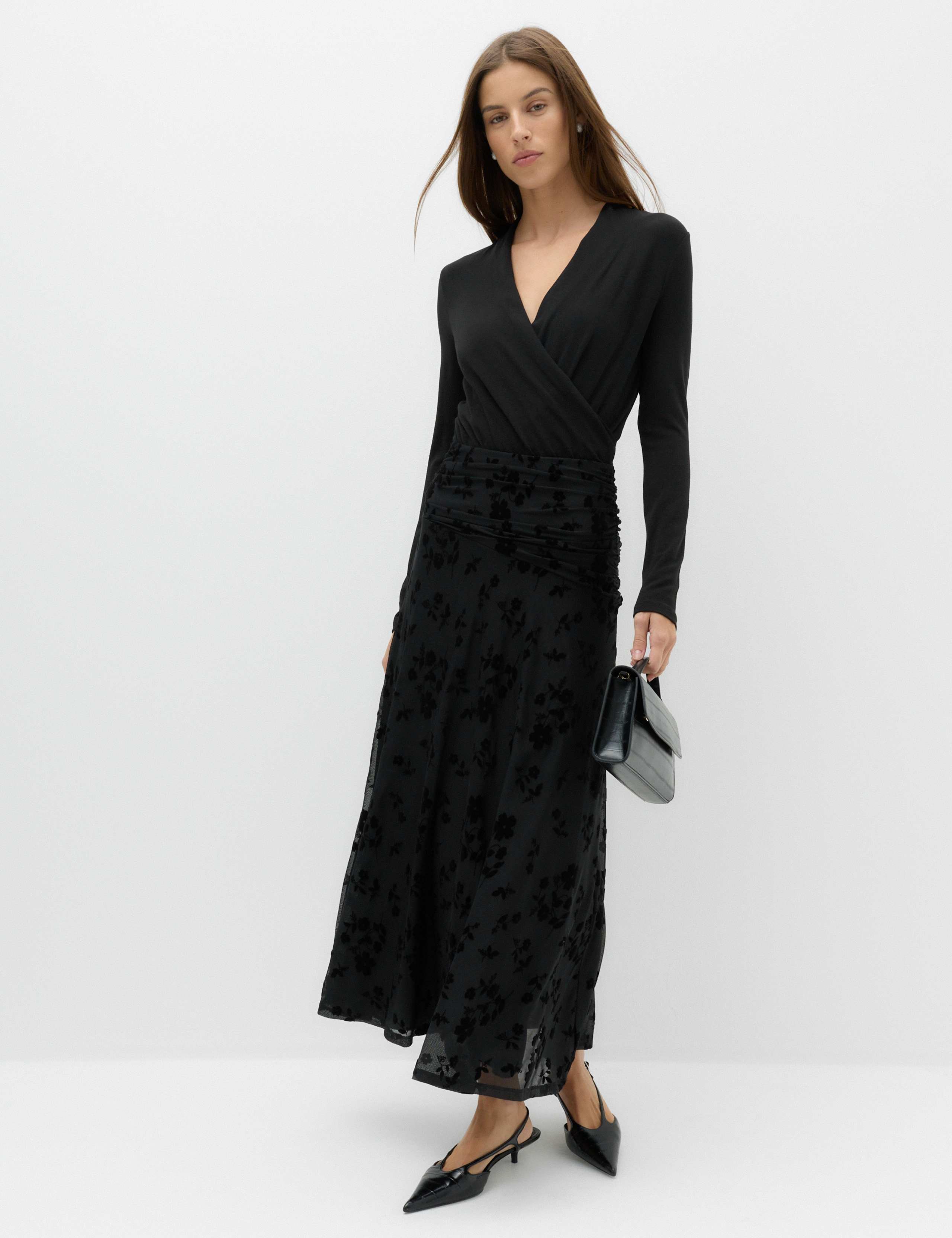 Devore Floral Ruched Midi A Line Skirt