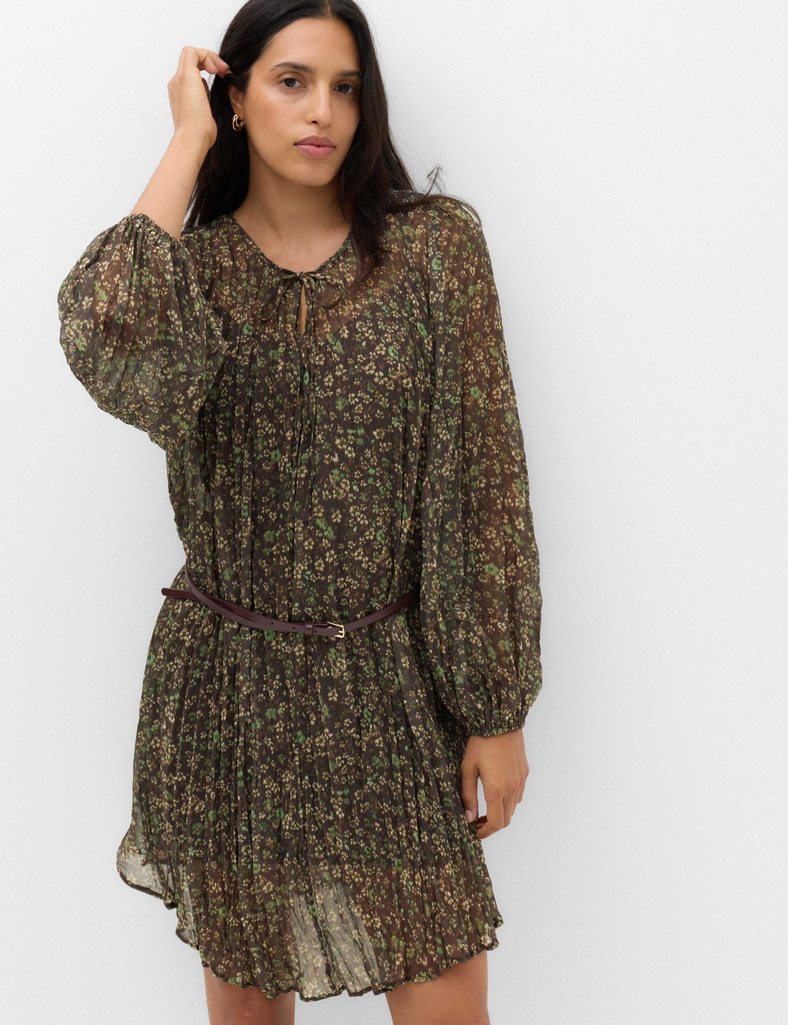 Floral Tie Neck Mini Waisted Dress