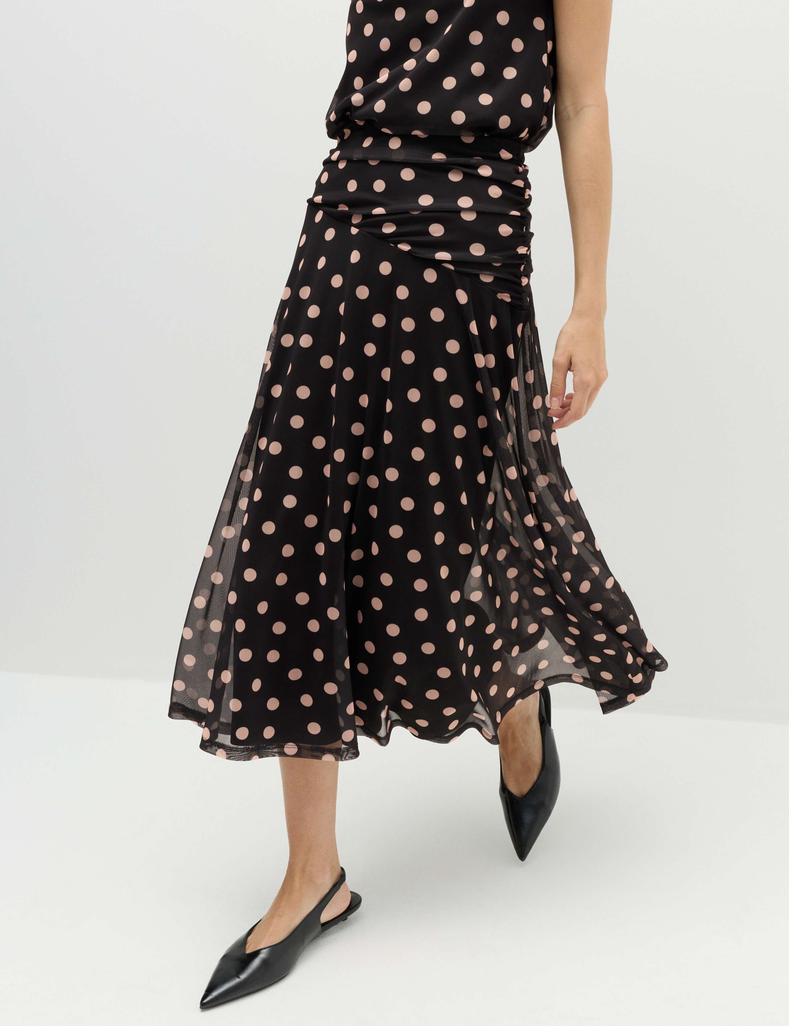 Mesh Polka Dot Midi A-Line Skirt