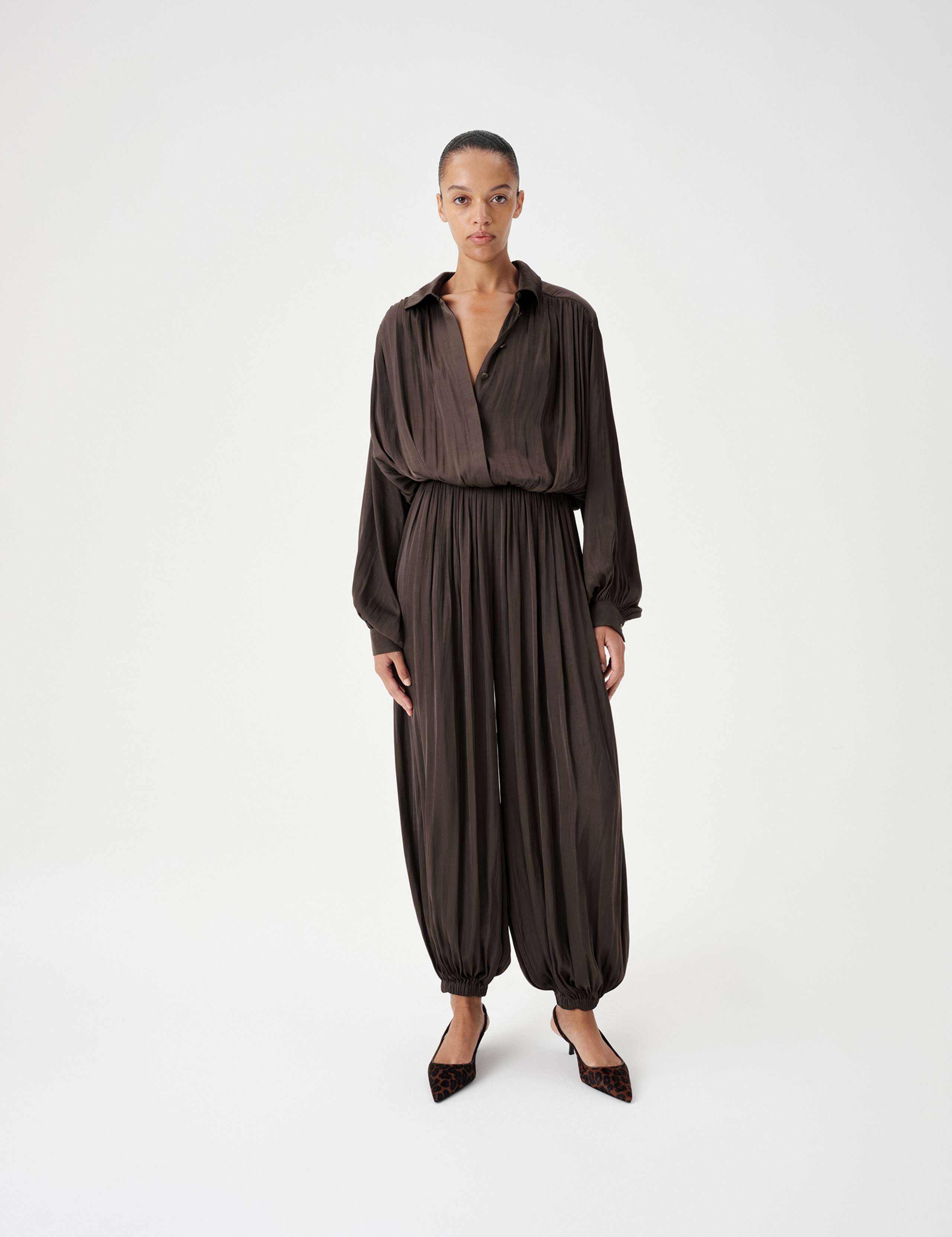 Satin Pleated Long Sleeve Waisted Jumpsuit