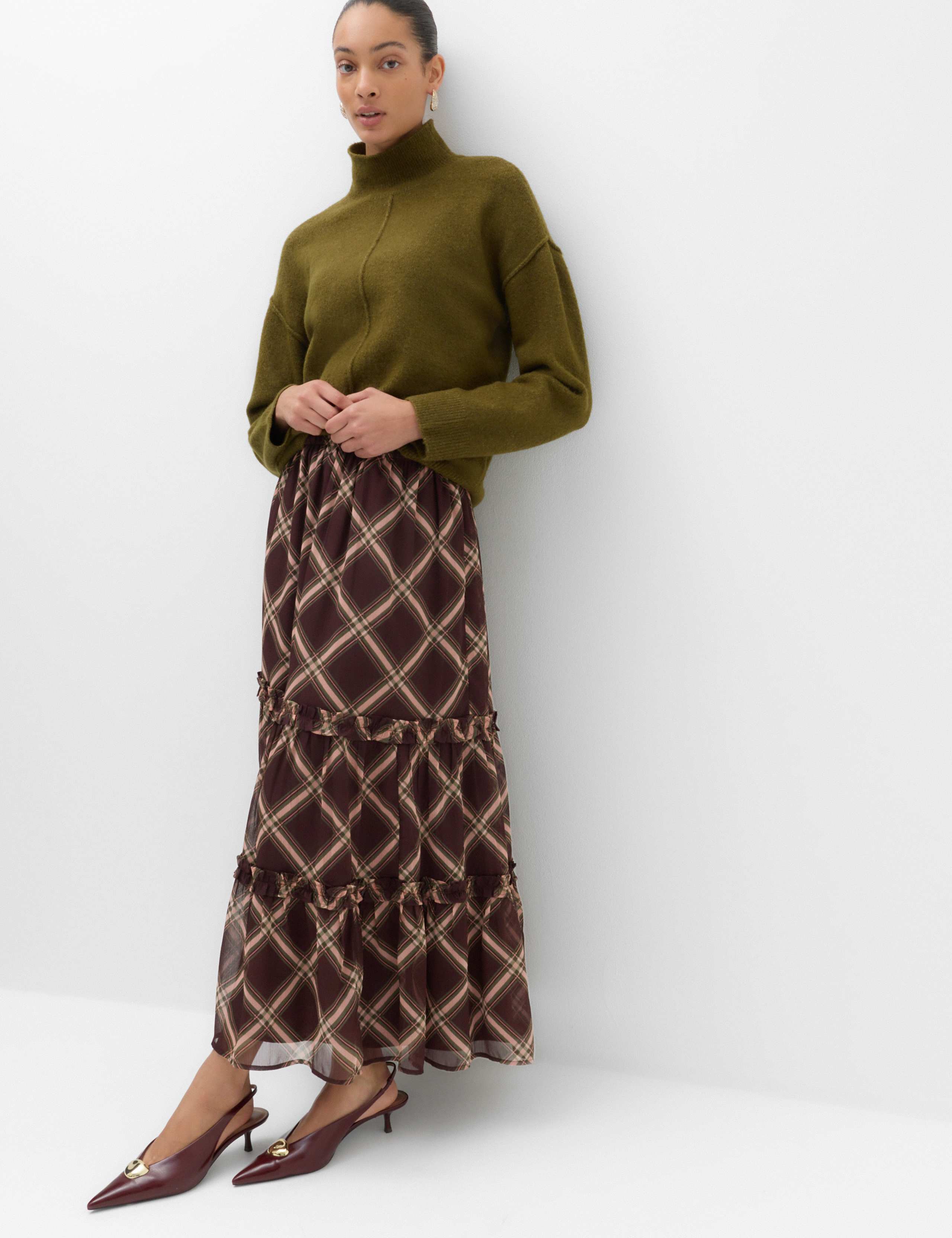 Chiffon Checked Midi Tiered Skirt
