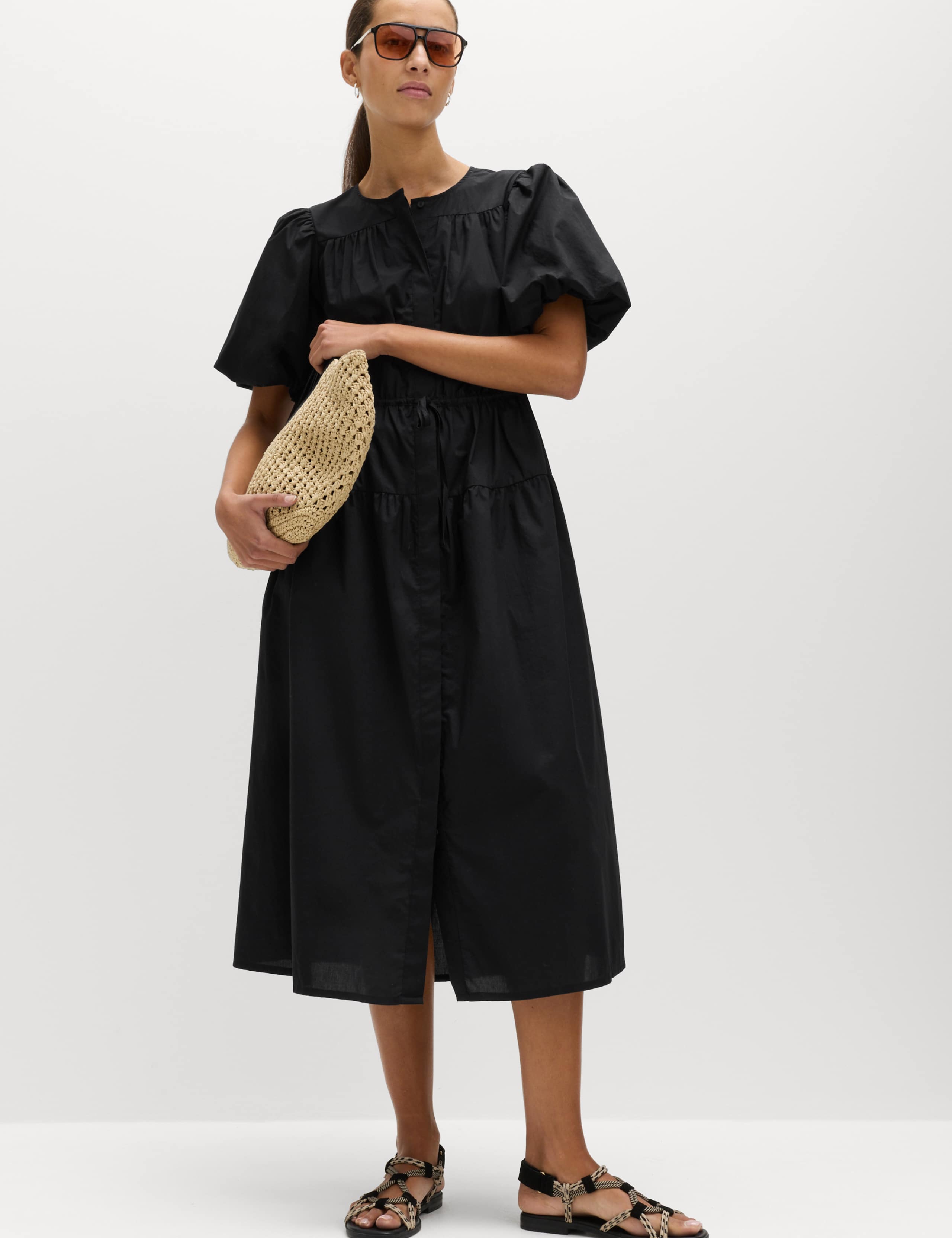 Pure Cotton Puff Sleeve Midi Waisted Dress