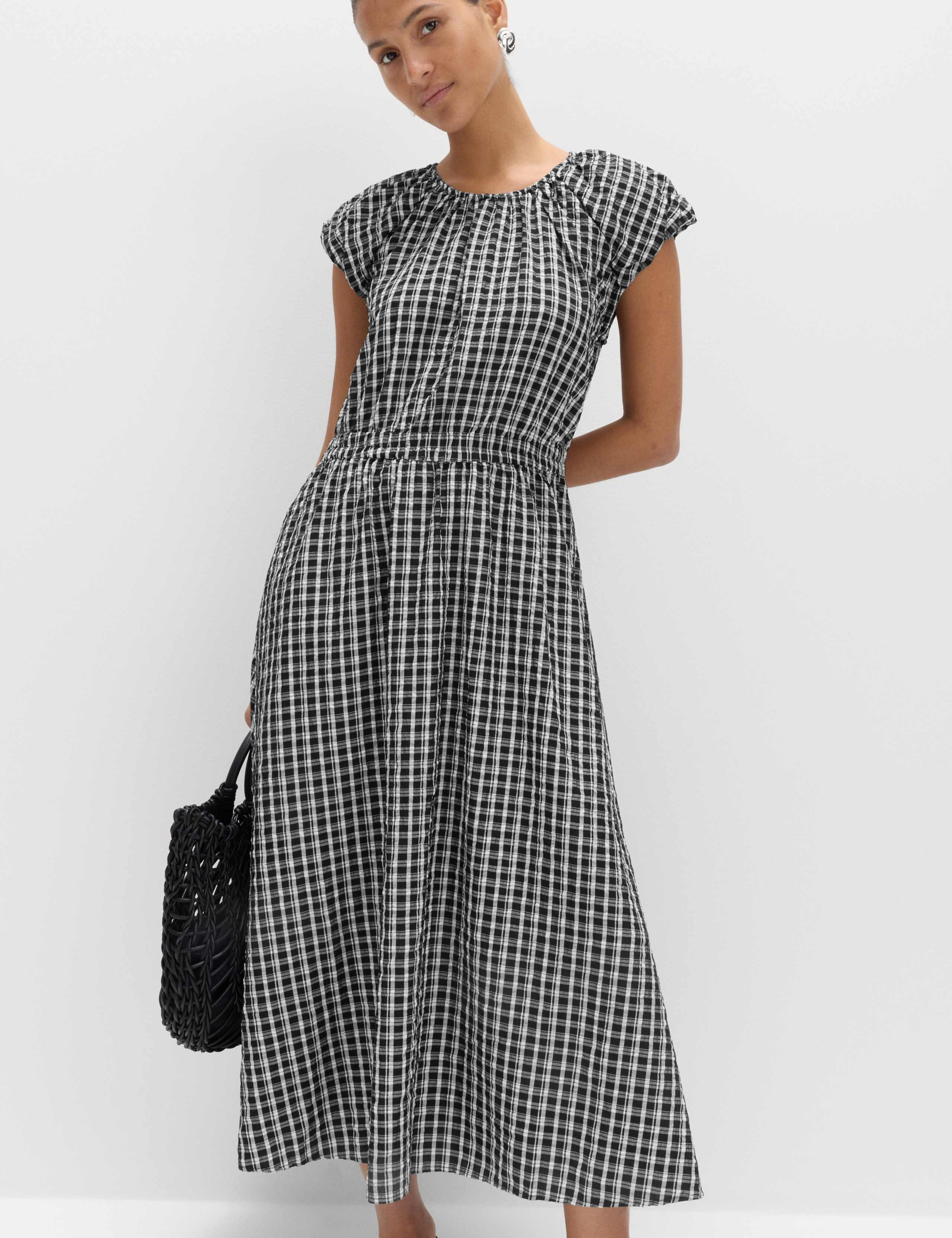 Gingham Puff Sleeve Midi Waisted Dress