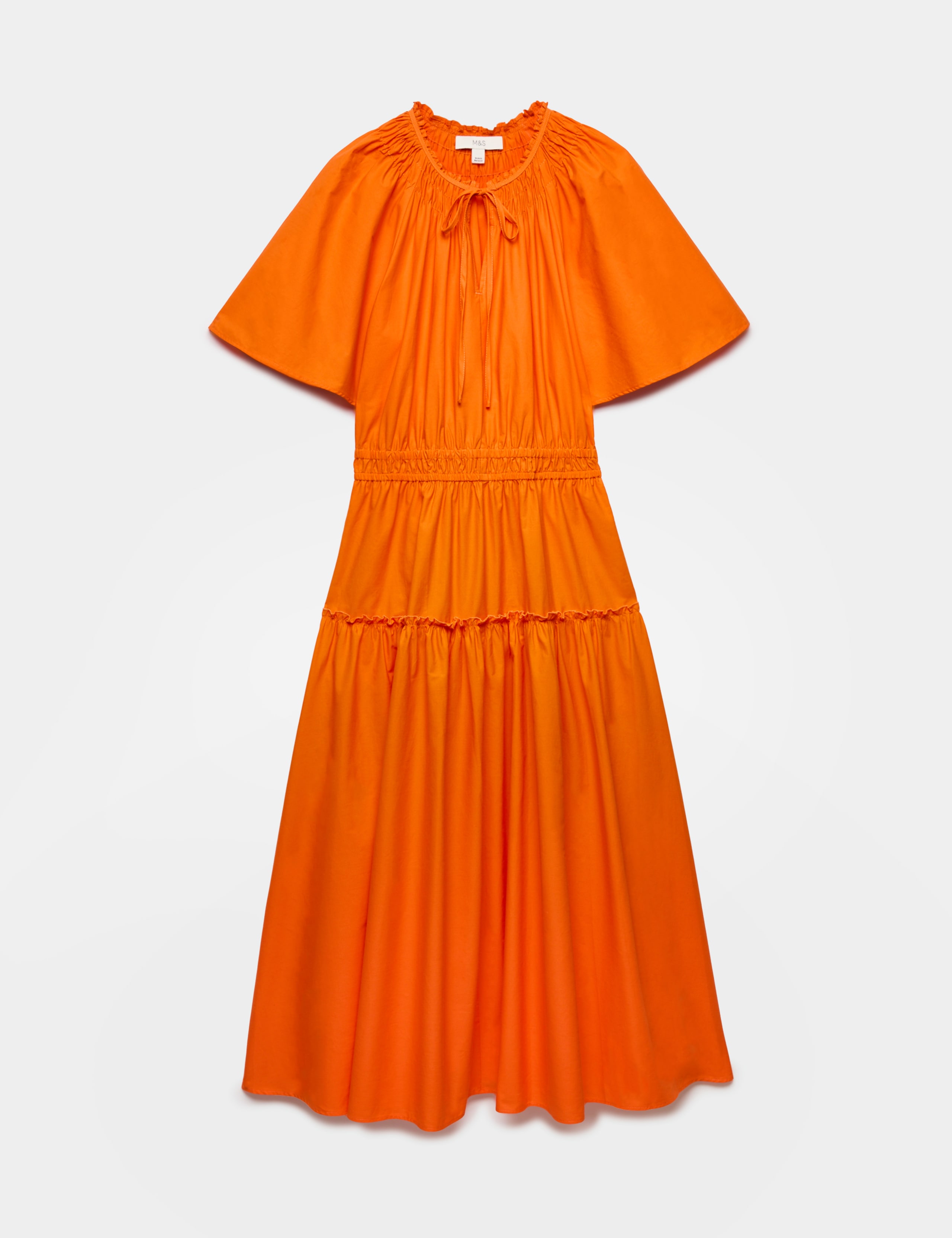 Pure Cotton Tie Neck Midi Waisted Dress
