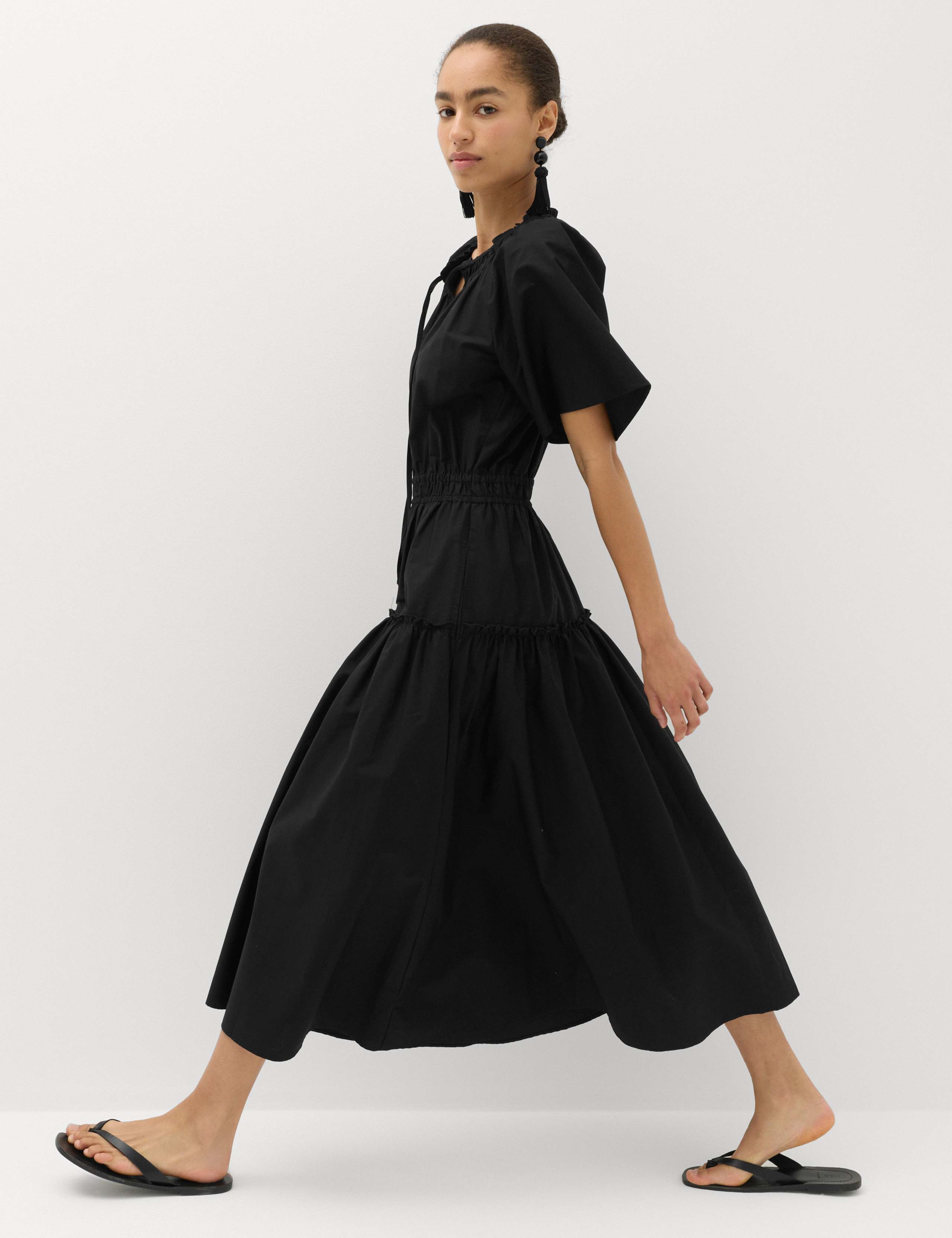 Pure Cotton Tie Neck Midi Waisted Dress