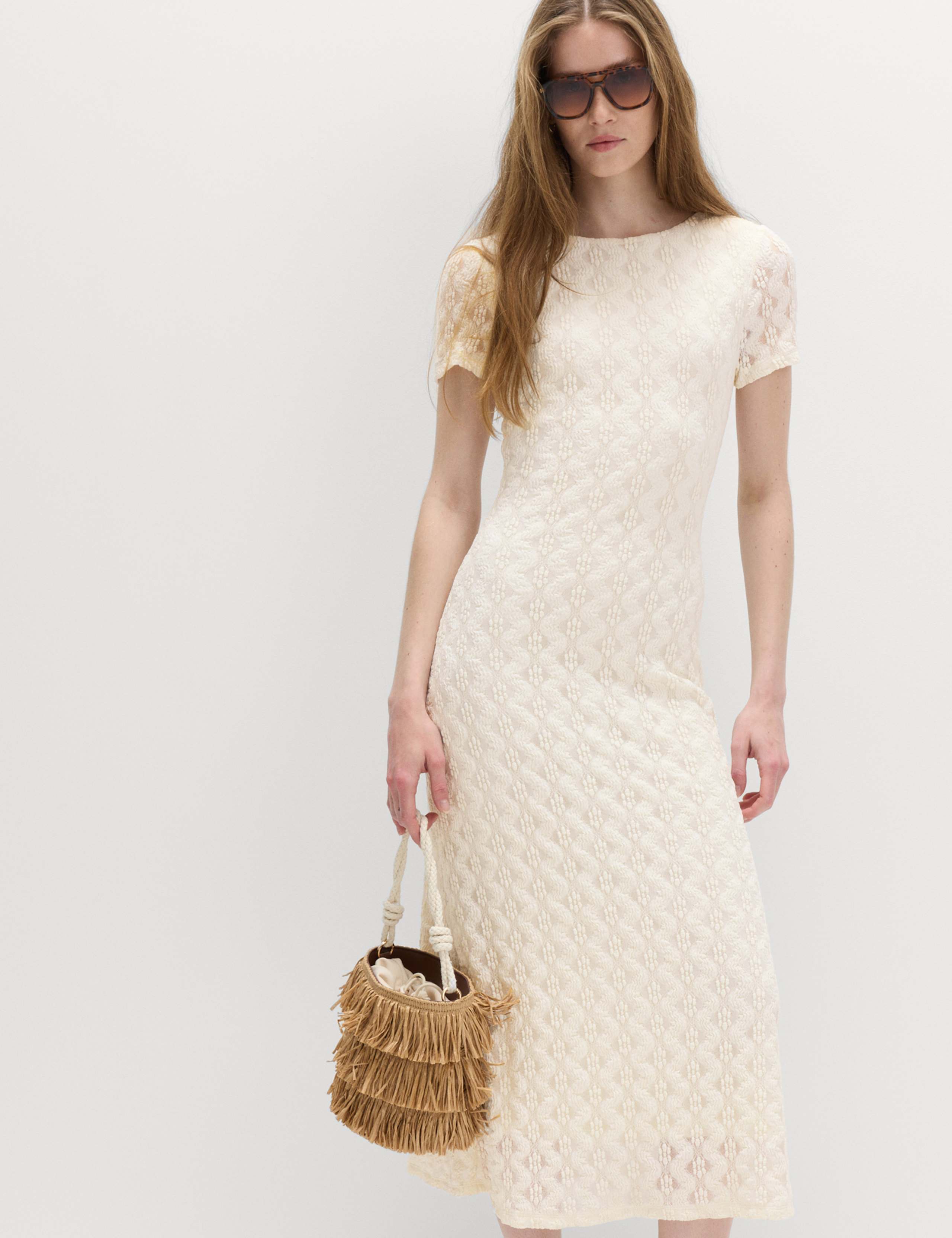 Jersey Lace Round Neck Midi Column Dress