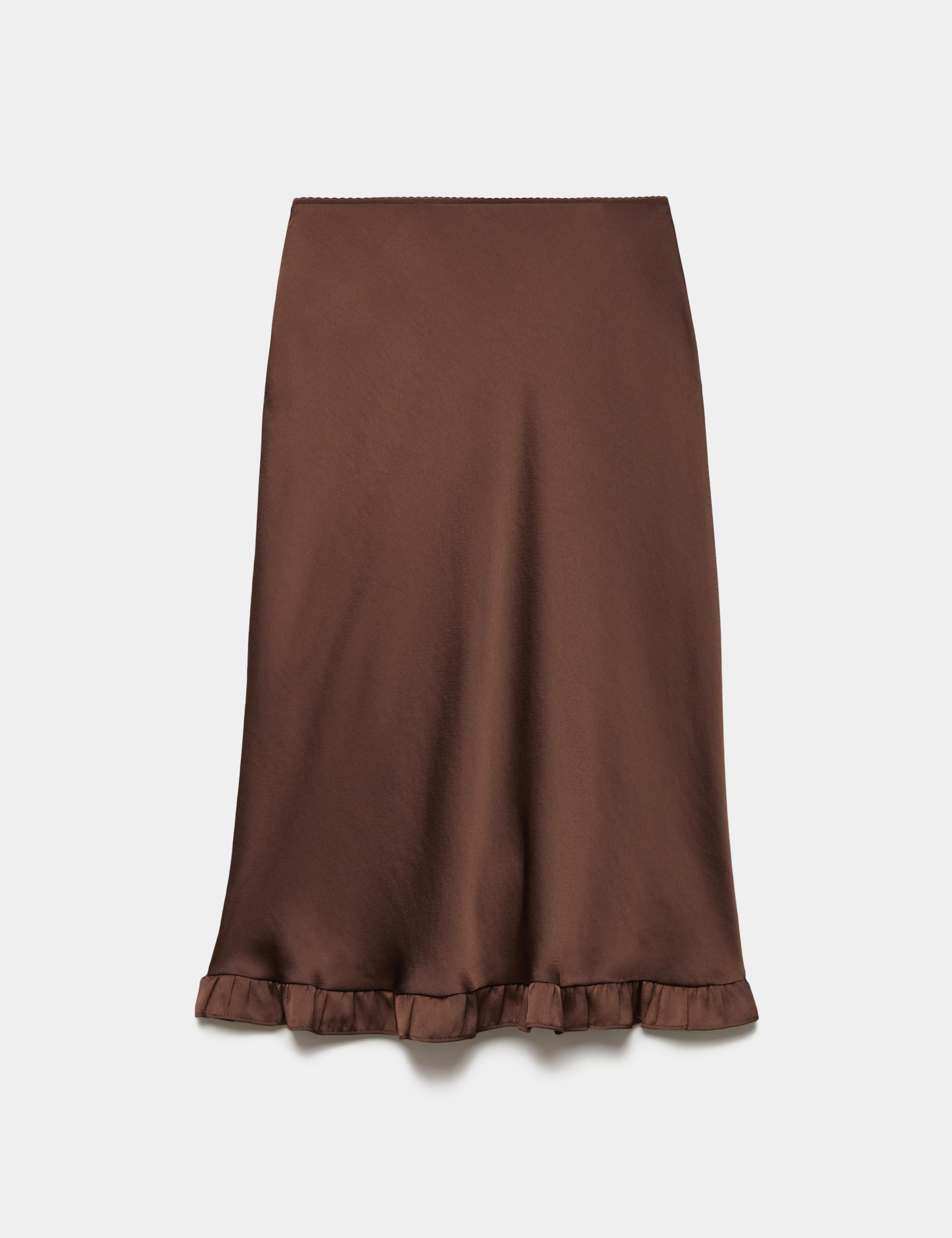 Satin Ruffle Hem Midi Slip Skirt