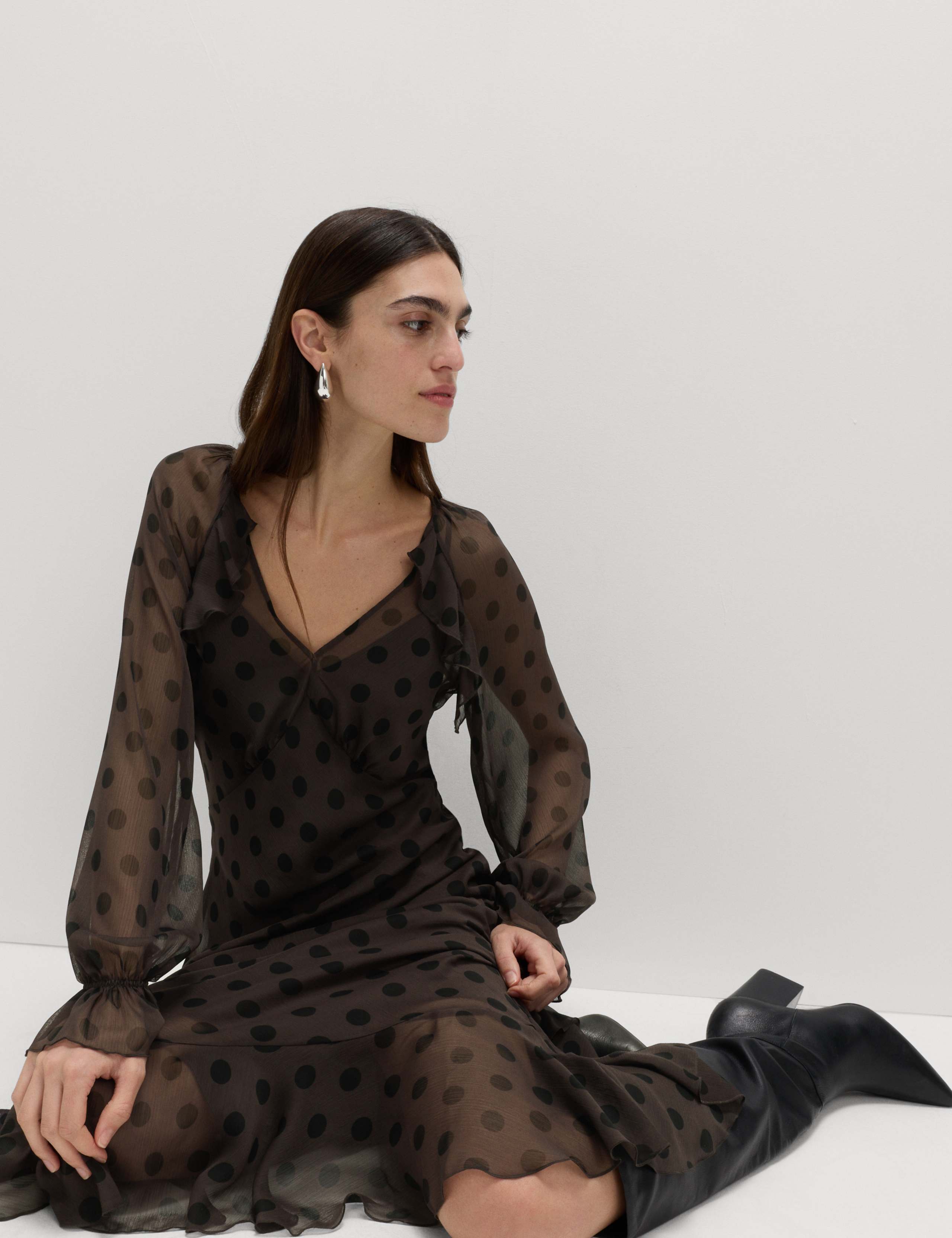 Polka Dot V-Neck Frill Midaxi Dress