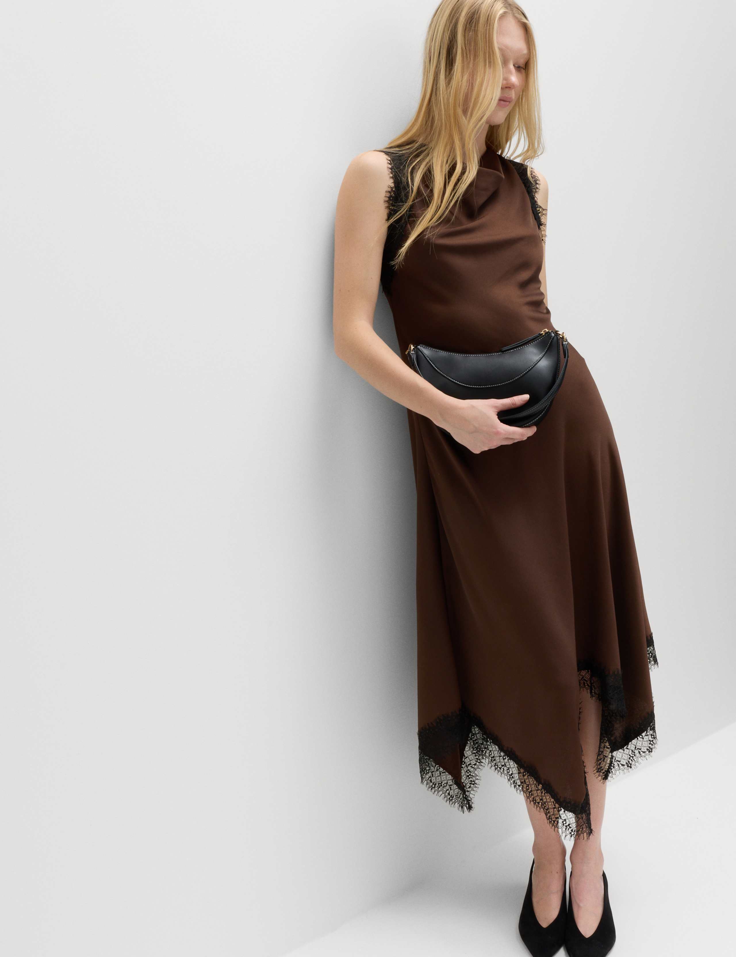 Cowl Neck Lace Detail Midi Slip Dress