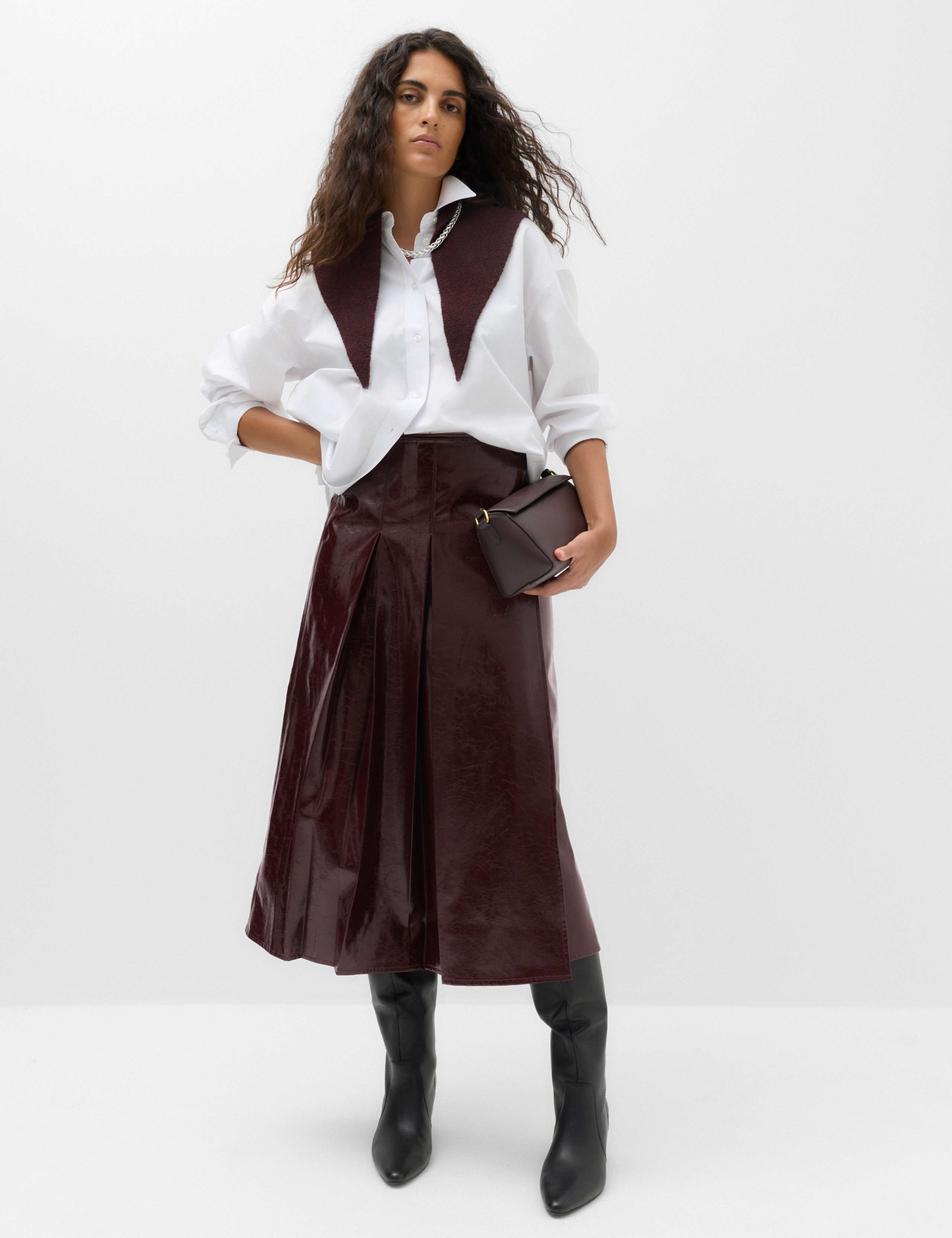 Faux Leather Textured Midi A-Line Skirt