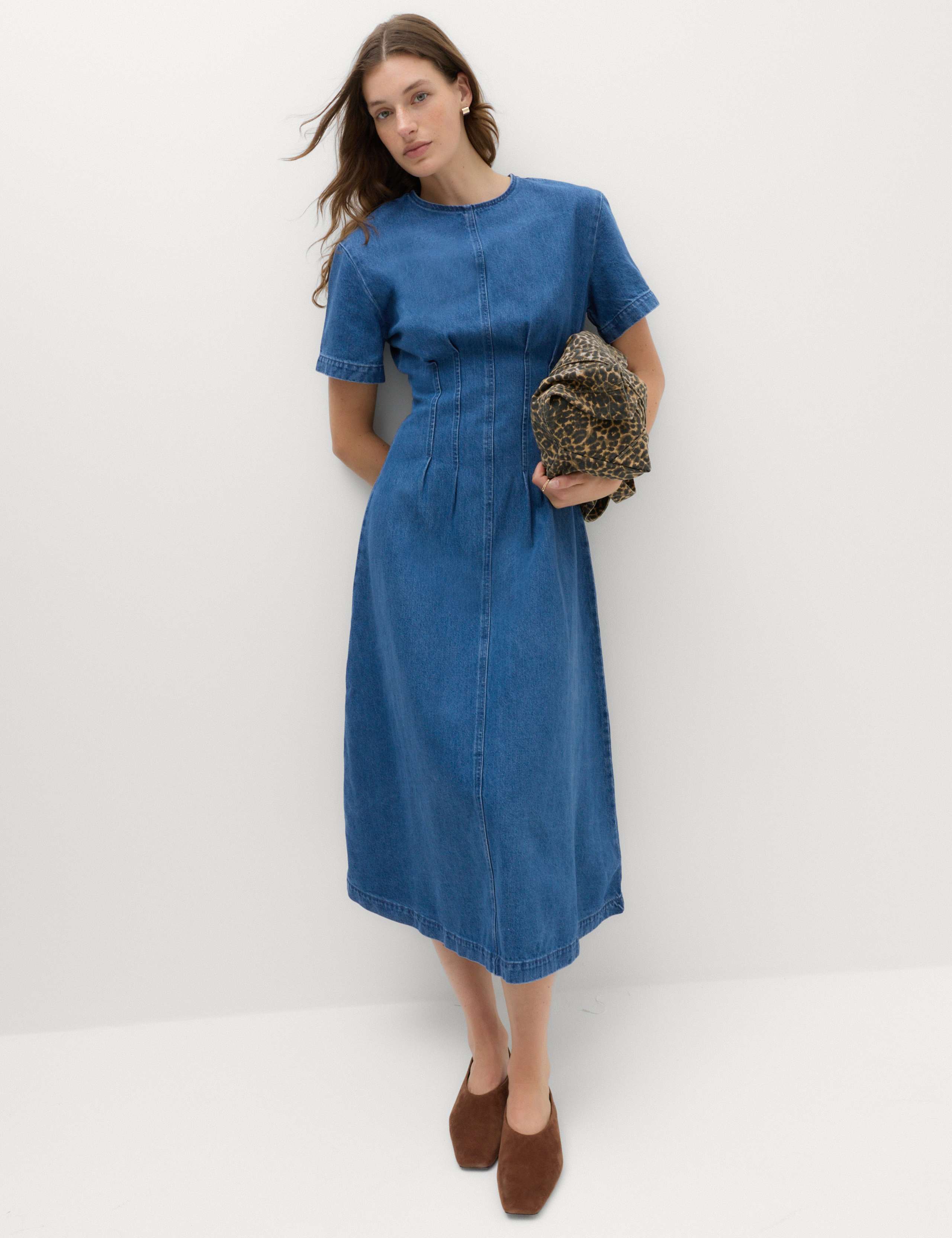 Denim Pintuck Midi Column Dress
