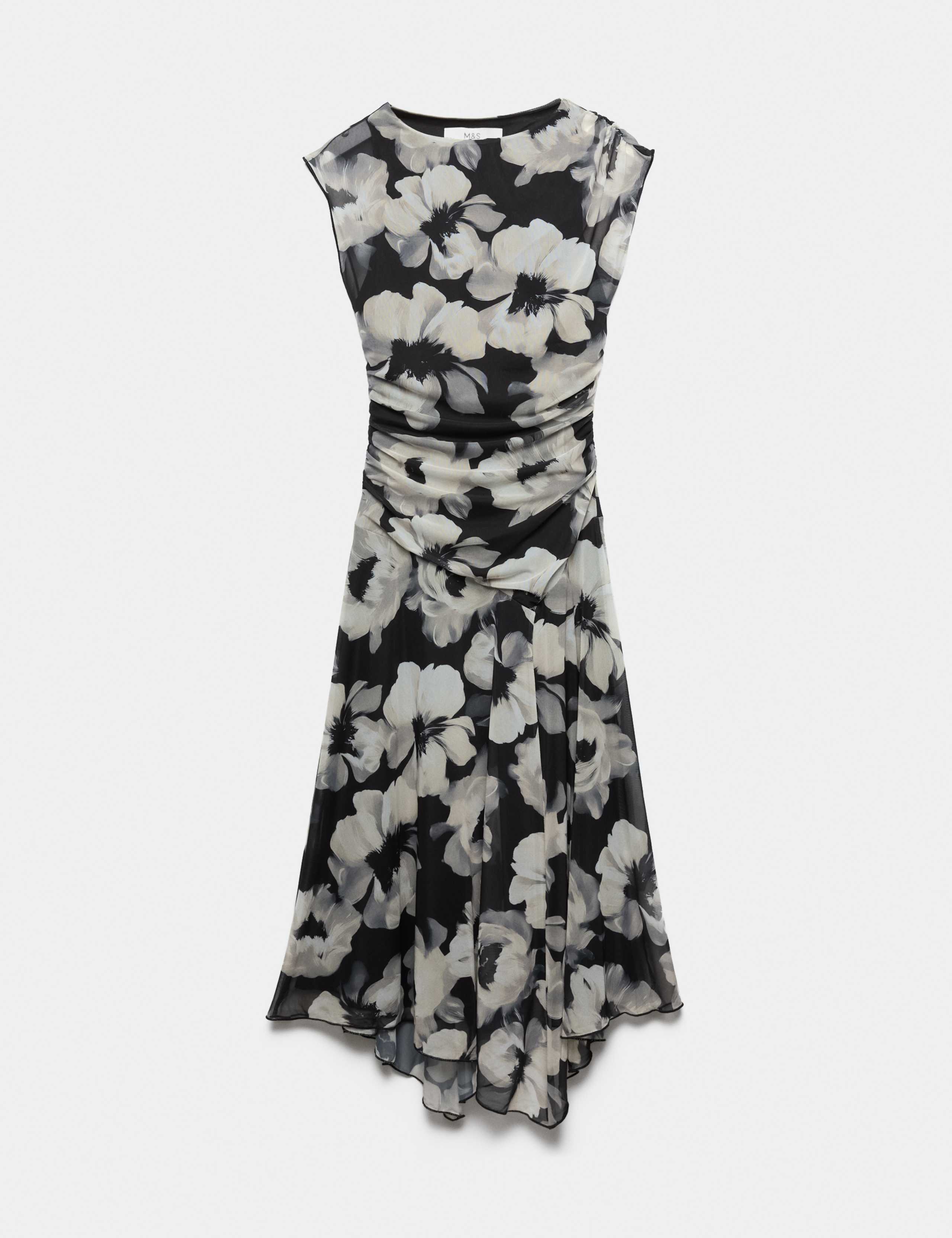 Mesh Floral Ruched Midi Waisted Dress